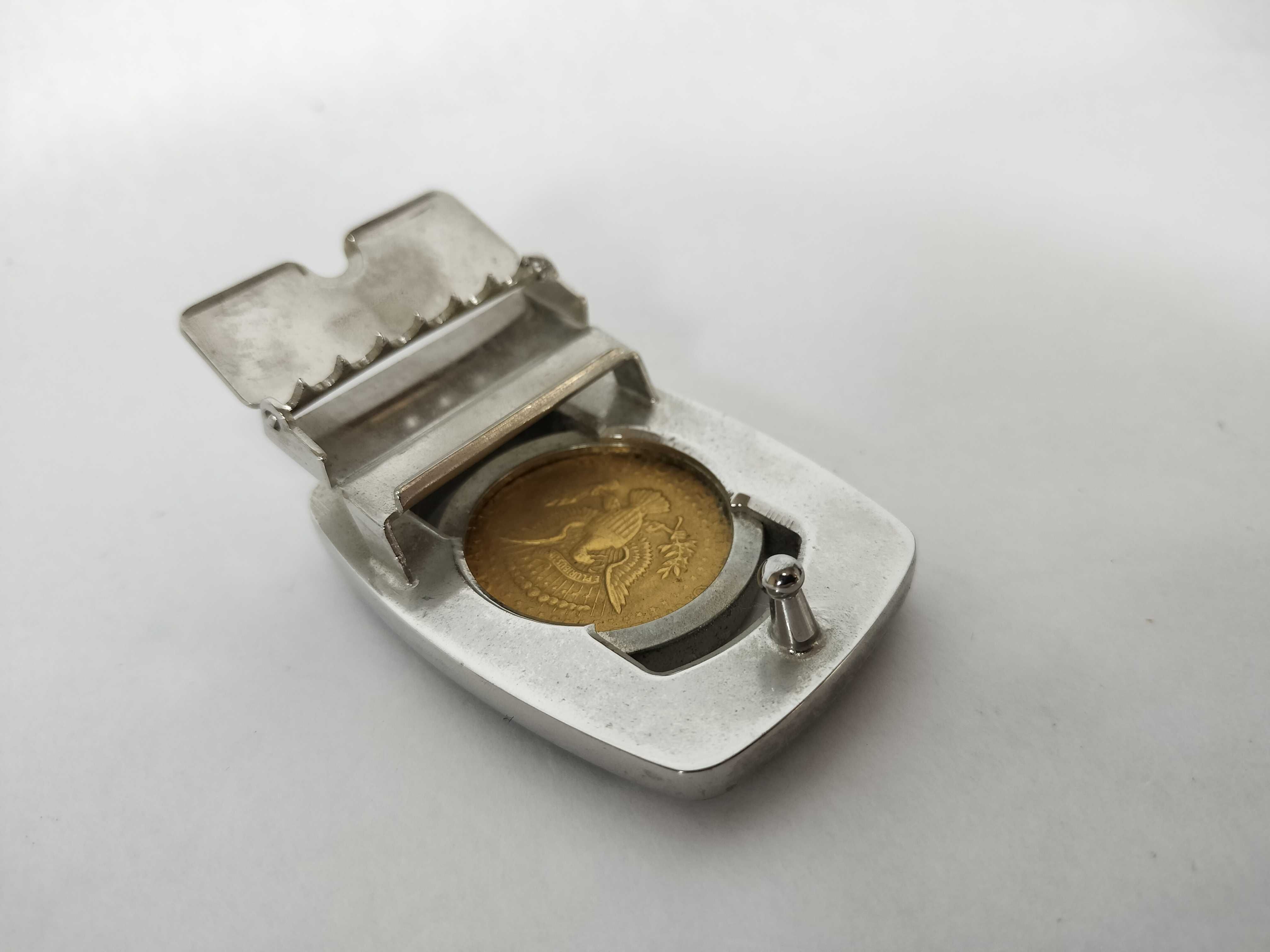 Silver-Toned and Gold-Toned Rhinestone-Bordered 1984 Kennedy Half Dollar Belt Buckle