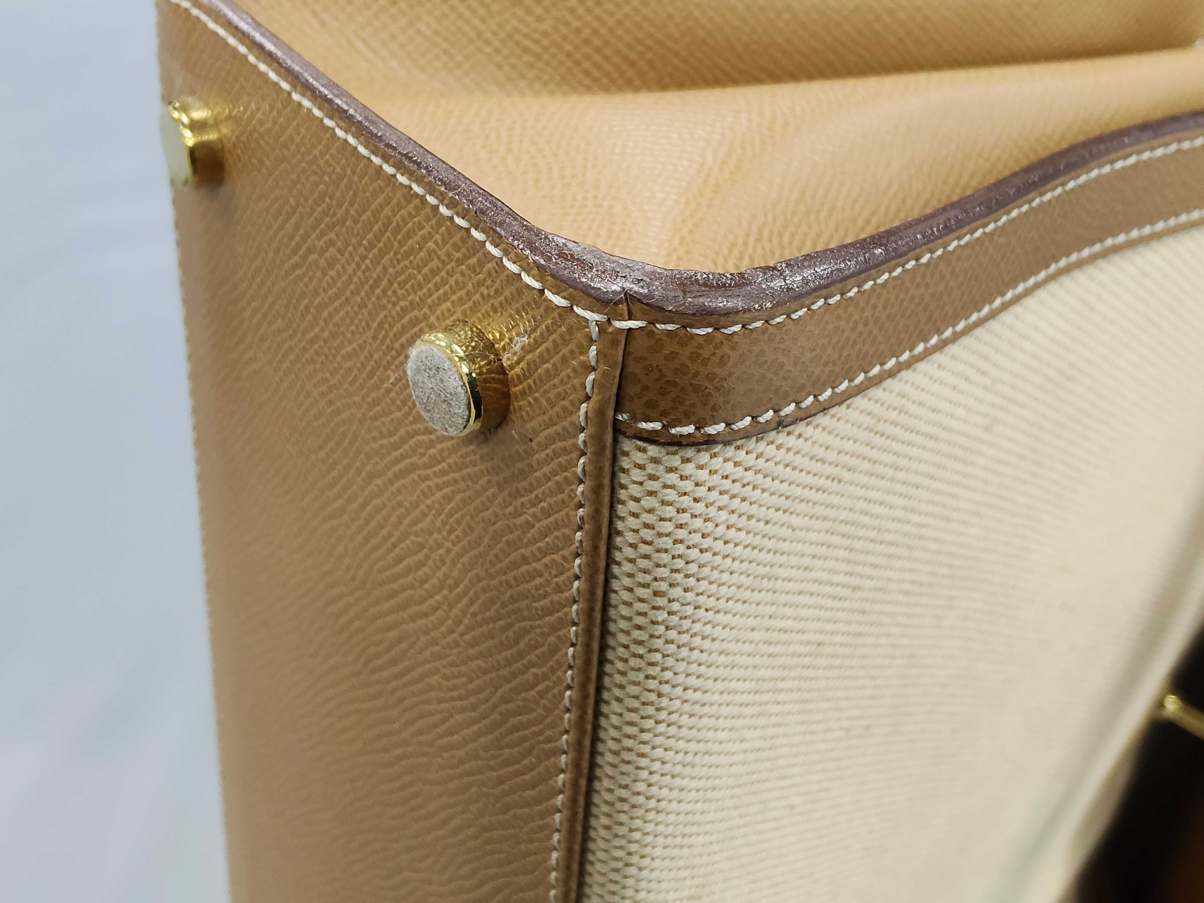 Italian Kelly-style Two-tone Canvas and Leather Handbag