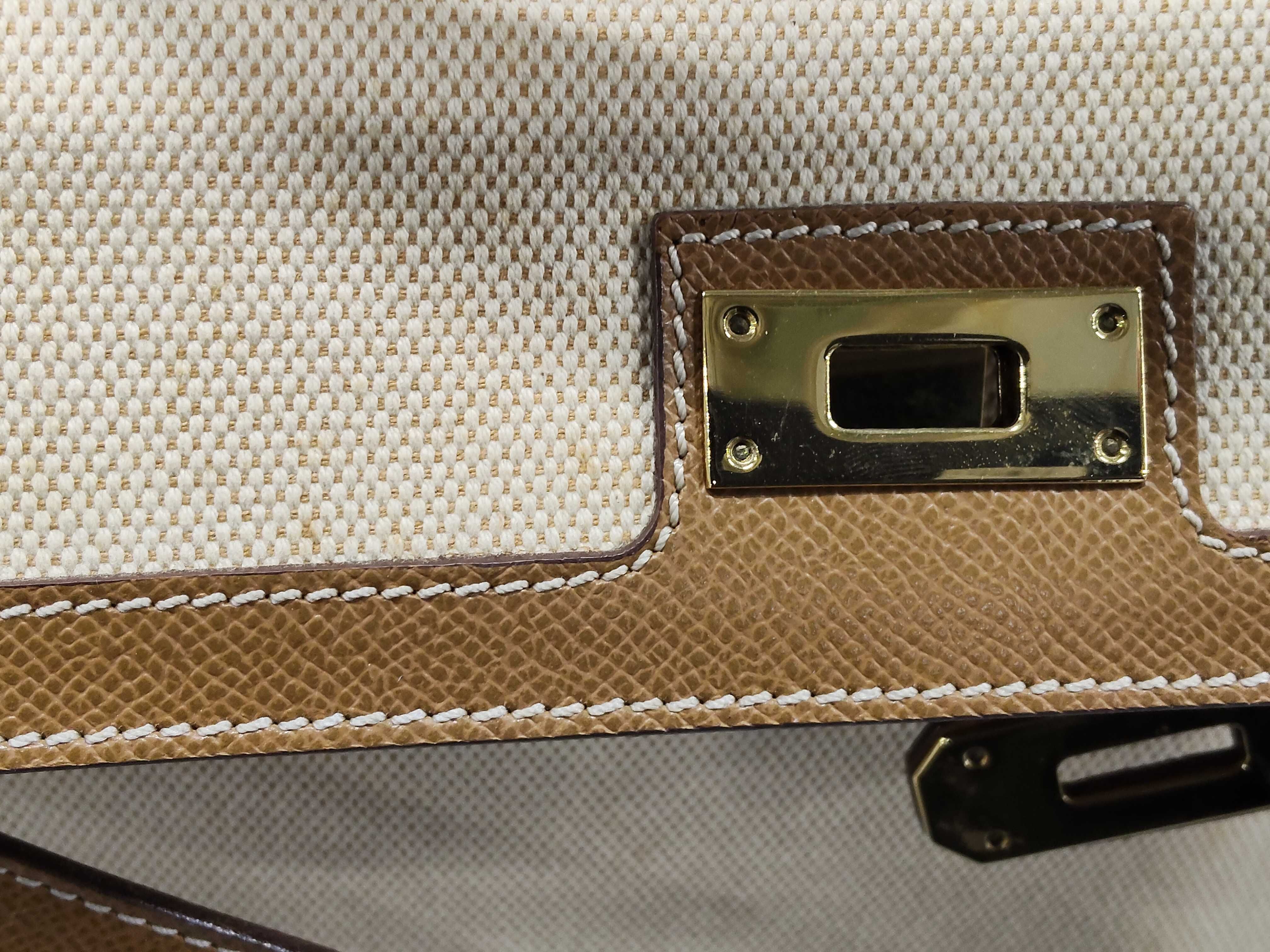 Italian Kelly-style Two-tone Canvas and Leather Handbag