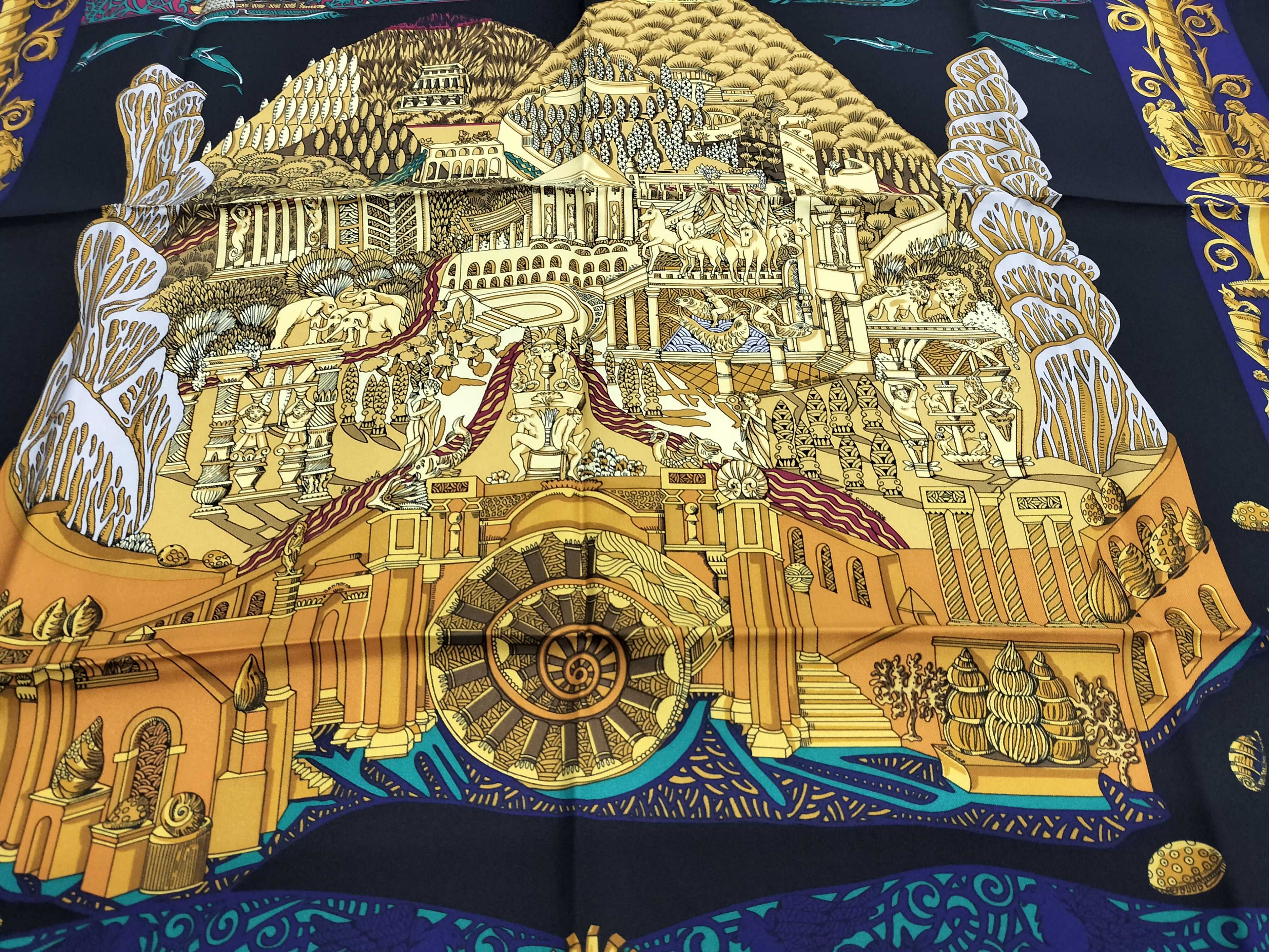 Vintage Hermes L'Atlantide Silk Carre 90 with Folder