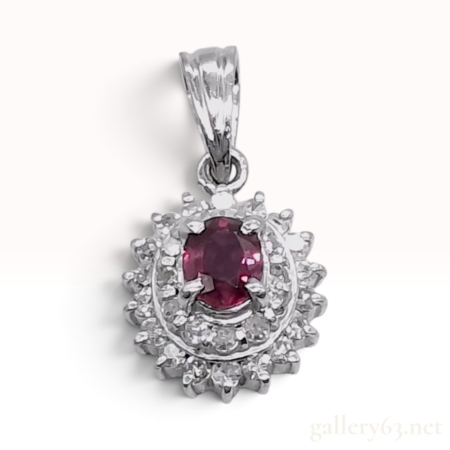 14K White Gold 0.35ctw Natural Diamond and Ruby Starburst Halo Pendant