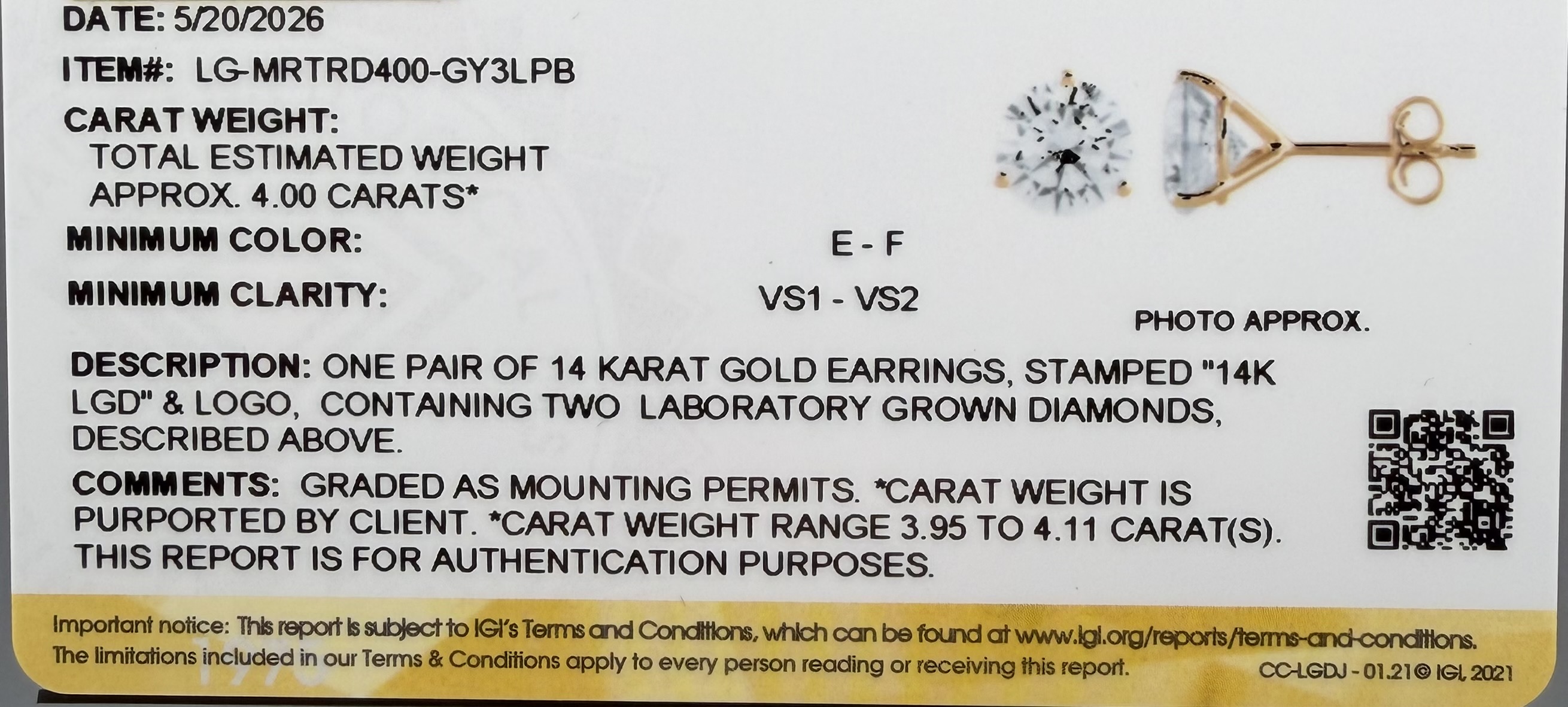 14K Gold and 4.00ctw Lab-Grown Diamond Martini Stud Earrings with Card