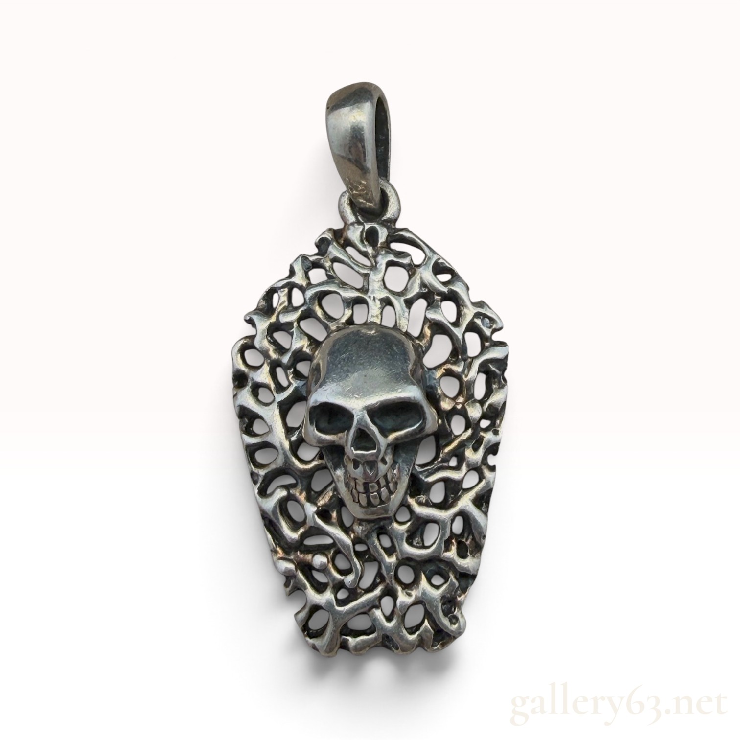 Sterling Silver Skull Openwork Shield Pendant