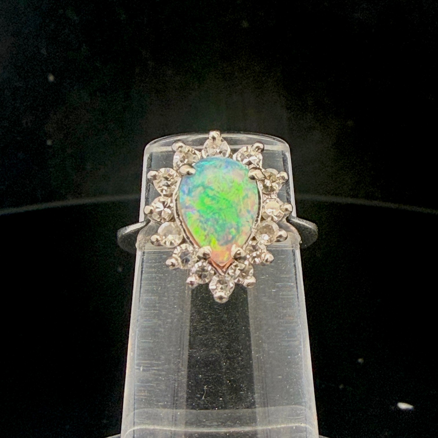 14K White Gold 1.50ct Pear Cut Opal and 0.25ctw Natural Diamond Cluster Ring Size 3