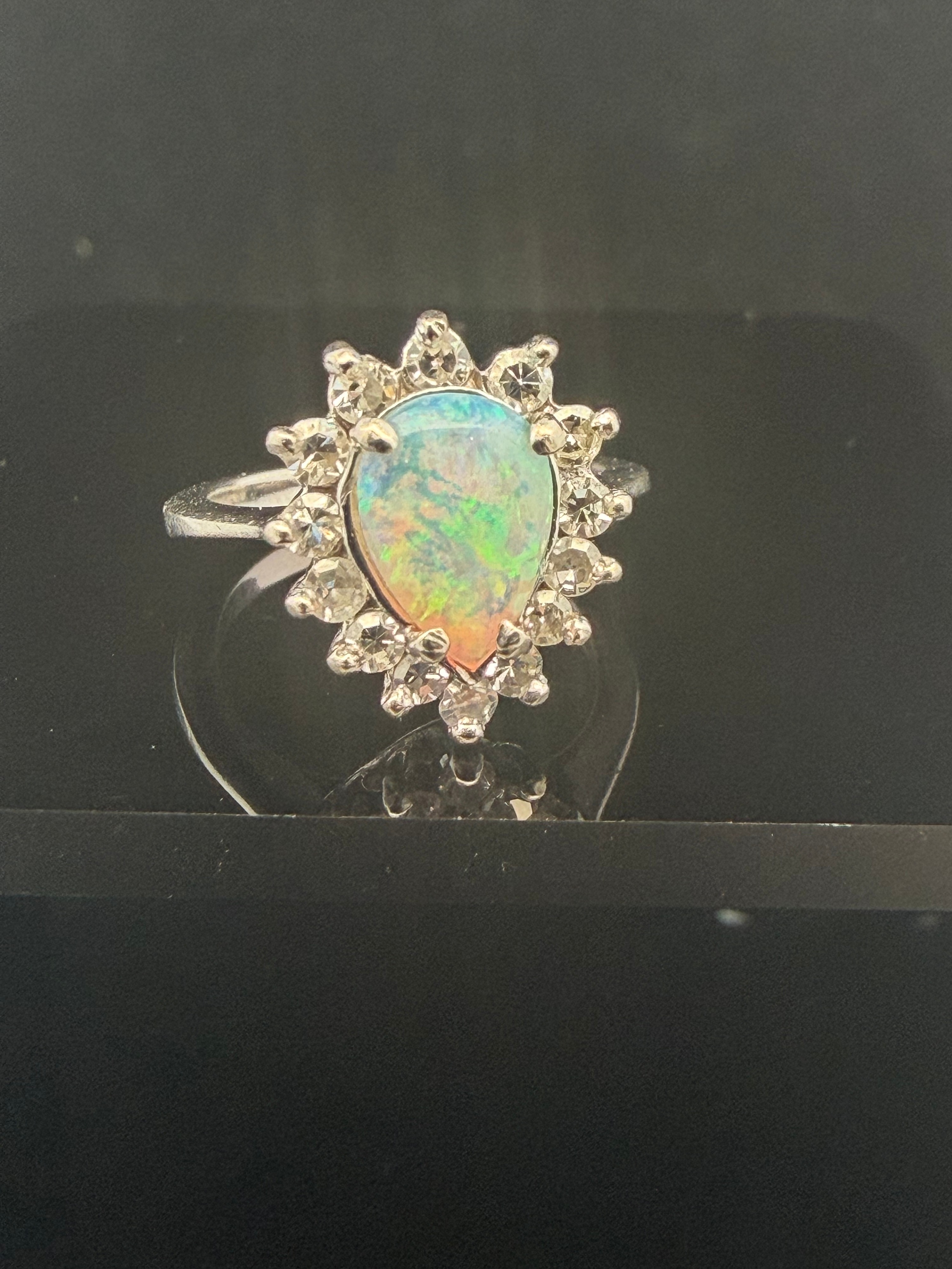 14K White Gold 1.50ct Pear Cut Opal and 0.25ctw Natural Diamond Cluster Ring Size 3