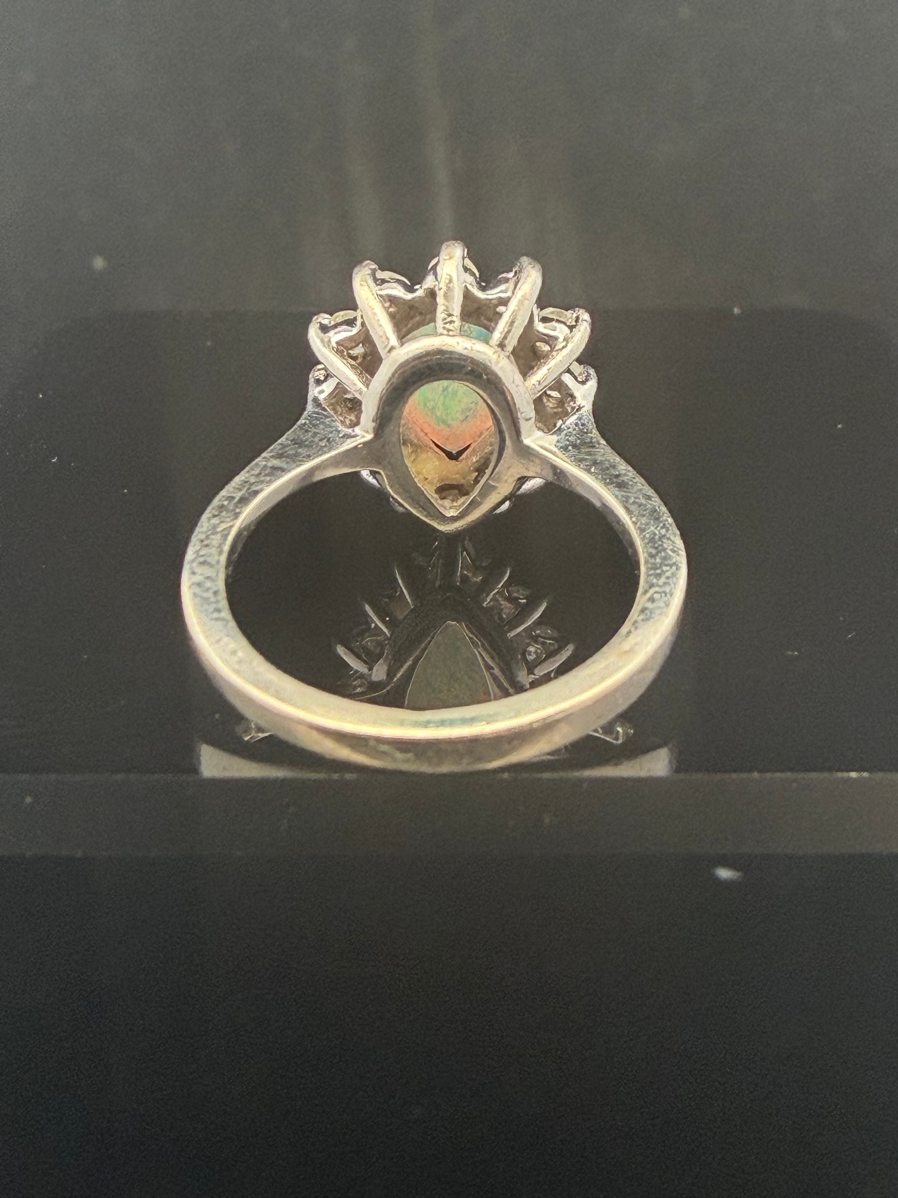 14K White Gold 1.50ct Pear Cut Opal and 0.25ctw Natural Diamond Cluster Ring Size 3