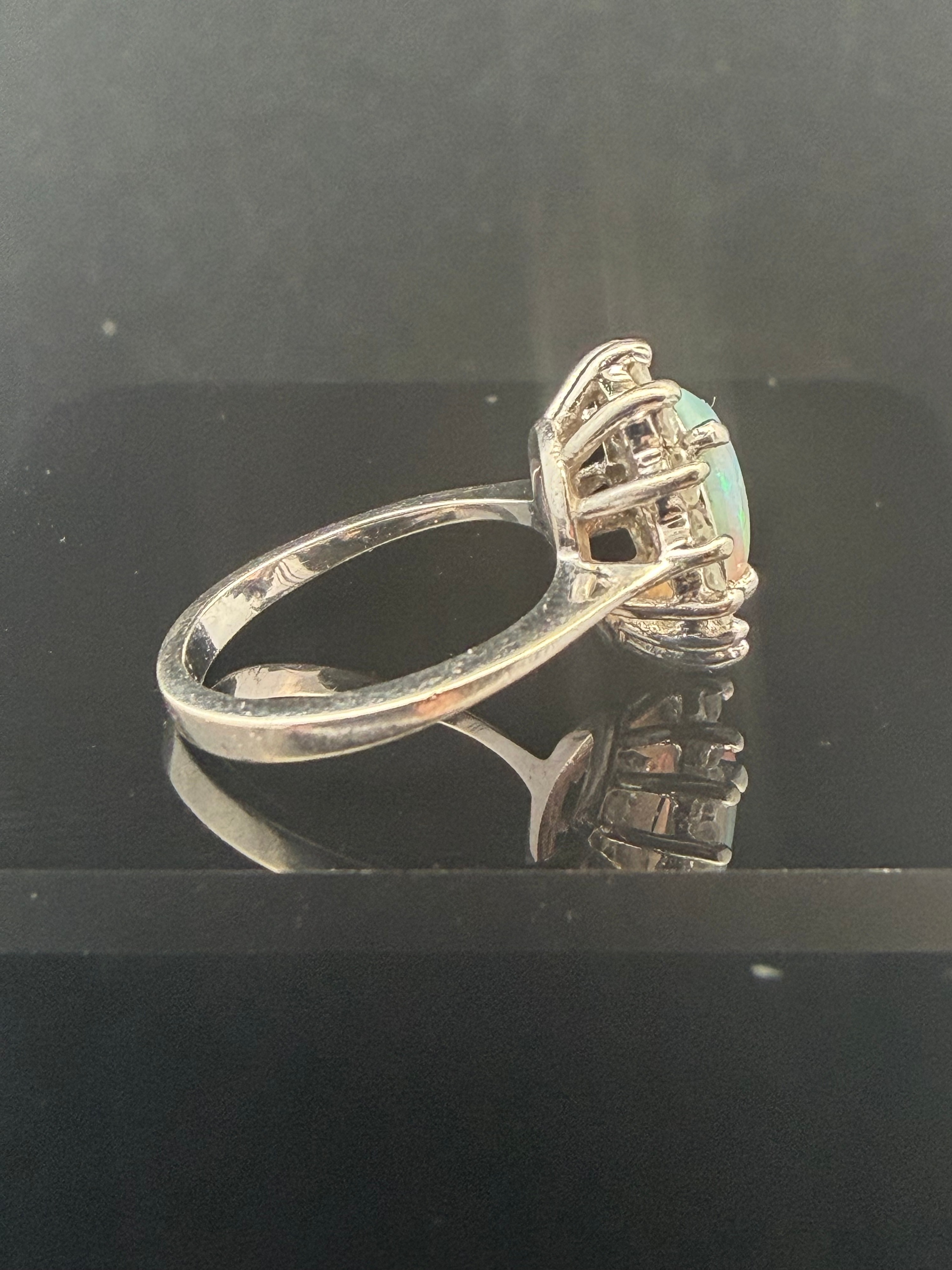 14K White Gold 1.50ct Pear Cut Opal and 0.25ctw Natural Diamond Cluster Ring Size 3
