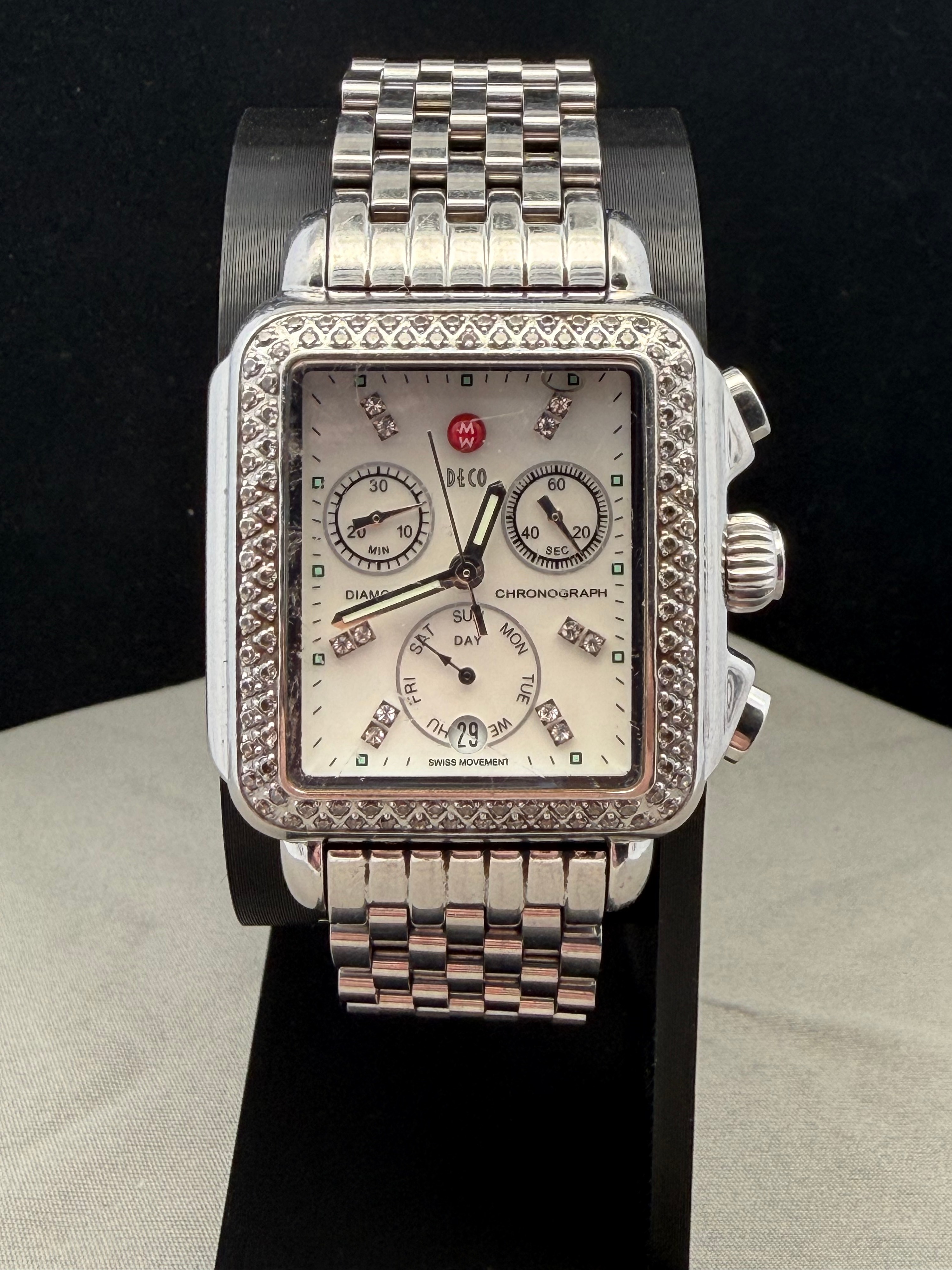 Michele Deco Stainless Steel and Diamond Chronograph Wristwatch