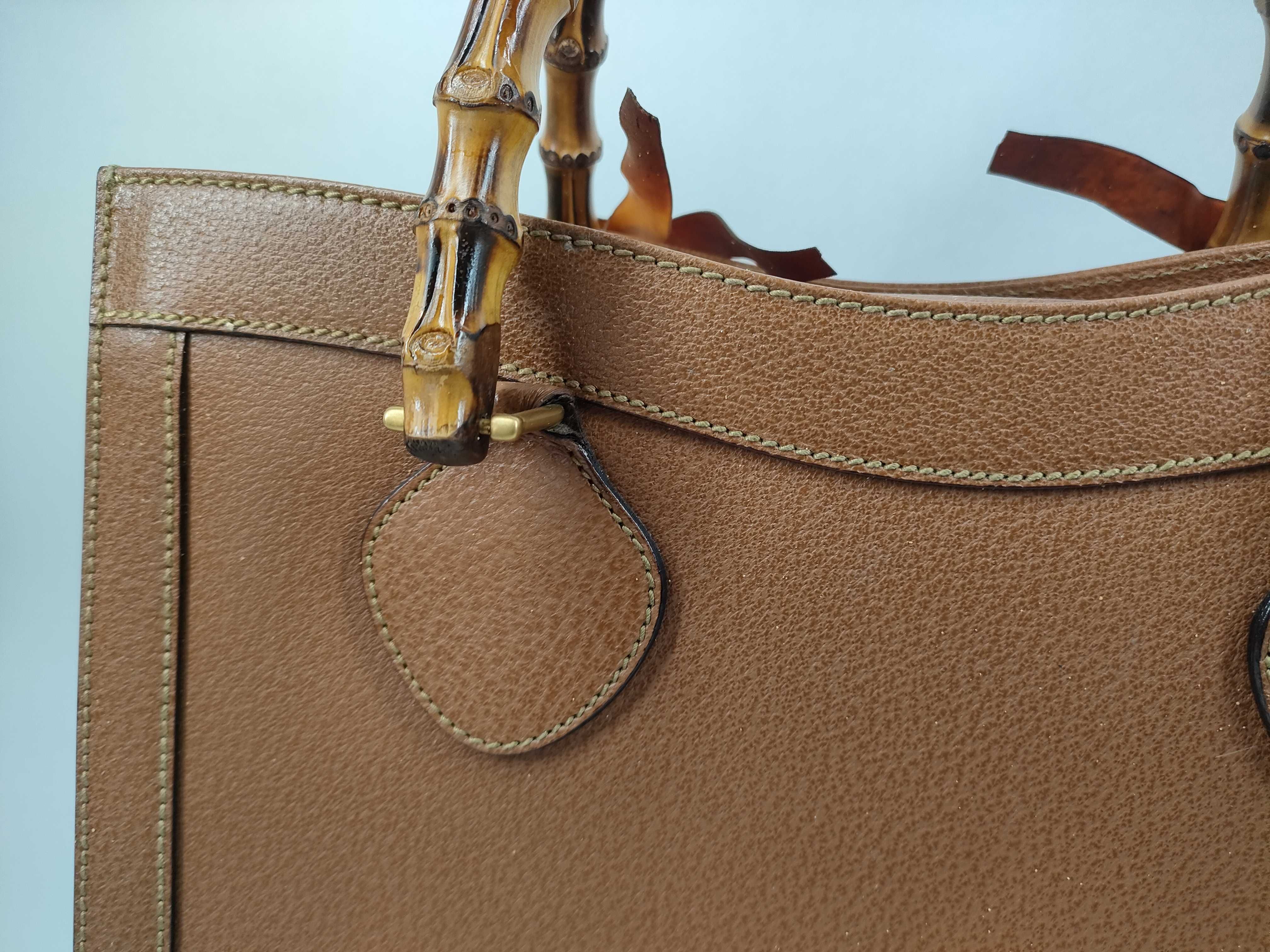 Gucci Vintage Brown Pebbled Leather Bamboo Handle Tote Bag