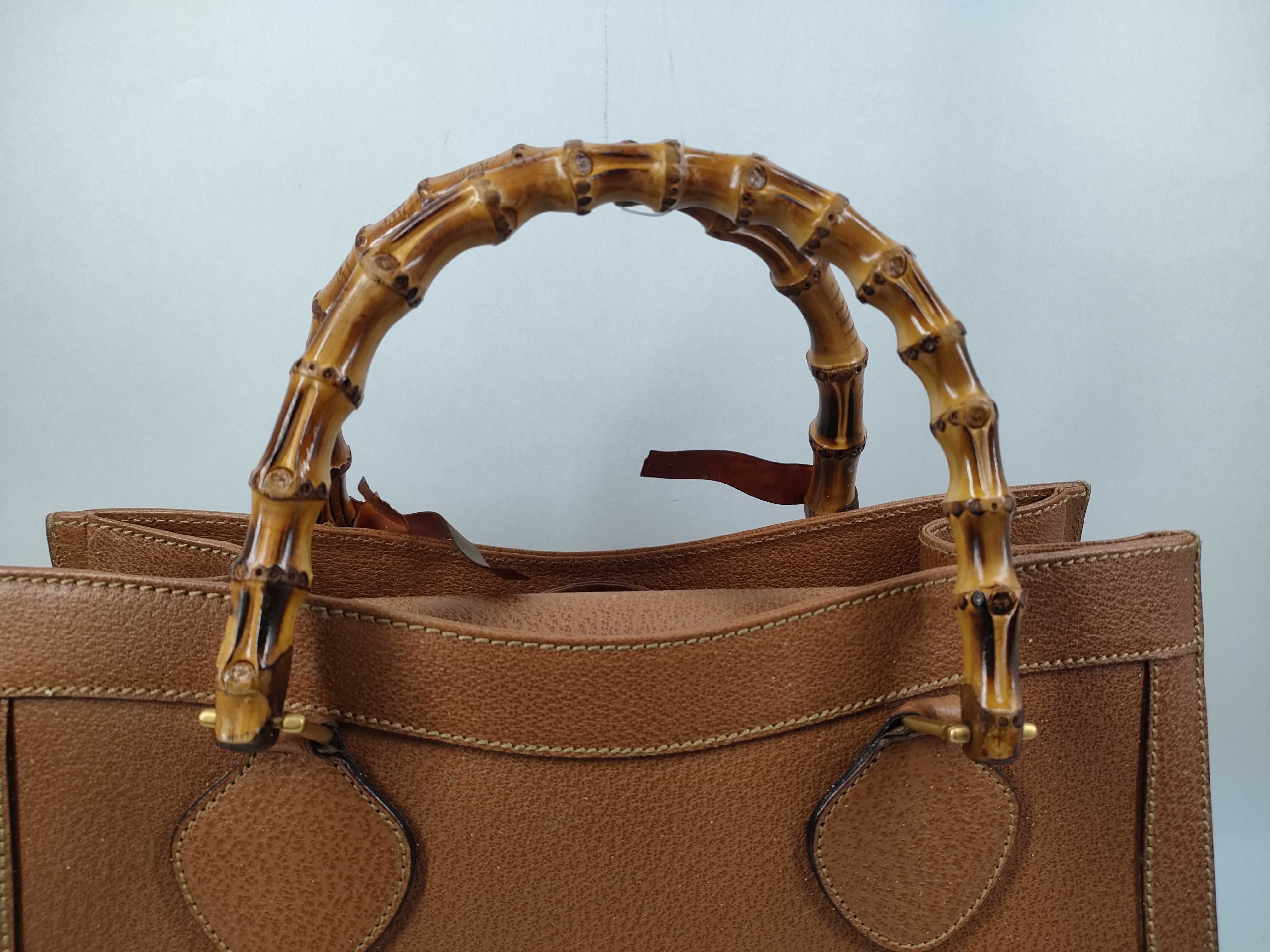 Gucci Vintage Brown Pebbled Leather Bamboo Handle Tote Bag