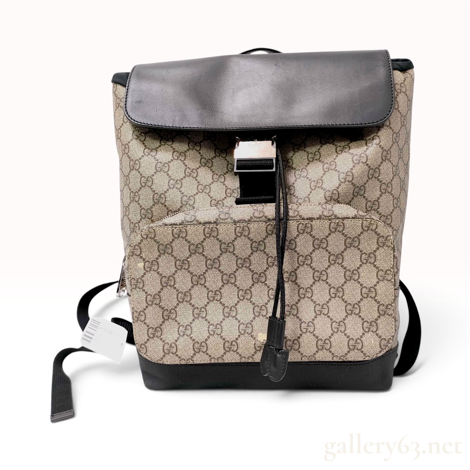 Gucci GG Supreme Monogram Buckle Backpack in Beige and Black