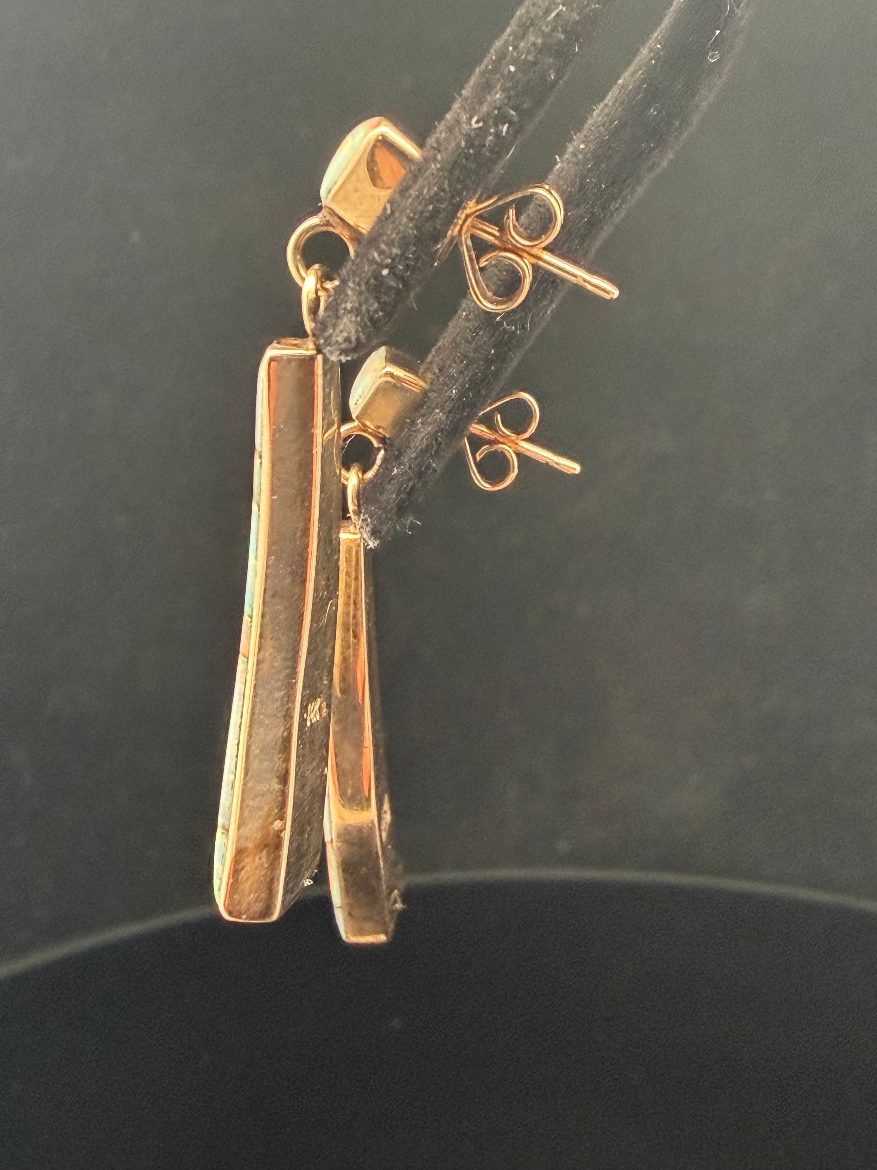 14 Karat Yellow Gold and Inlaid Mosaic Opal Post Dangle Earrings