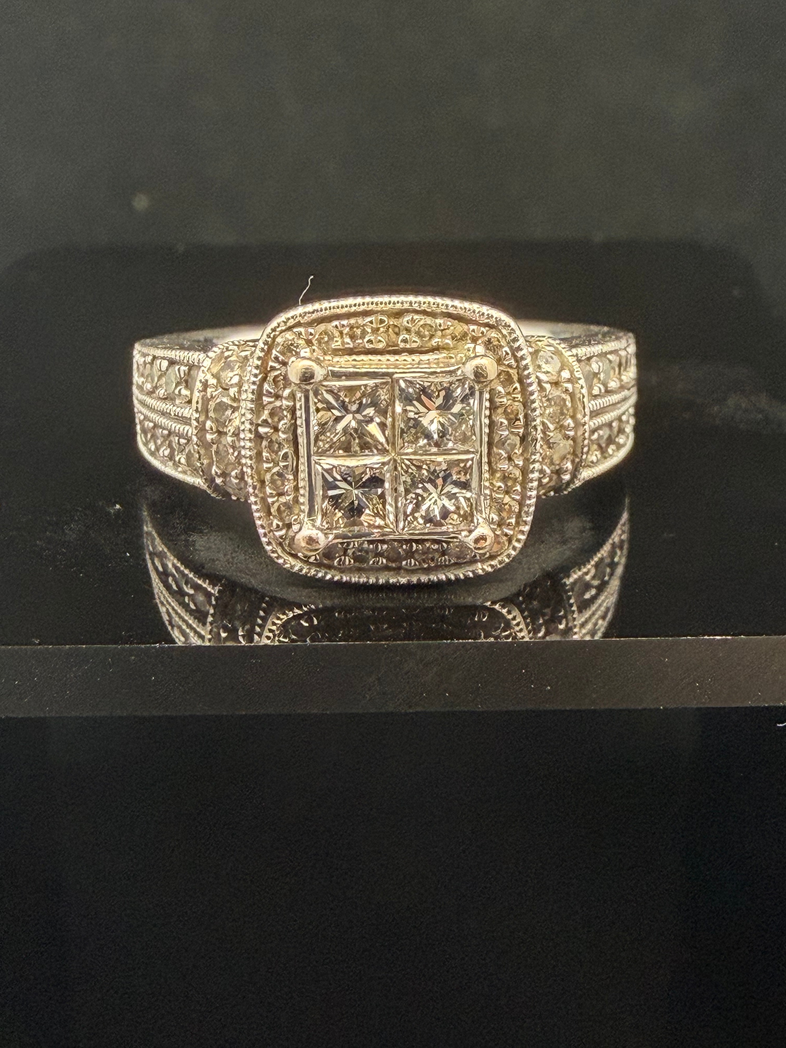 14KWG Natural Diamond Quad Princess Cut Halo Ring