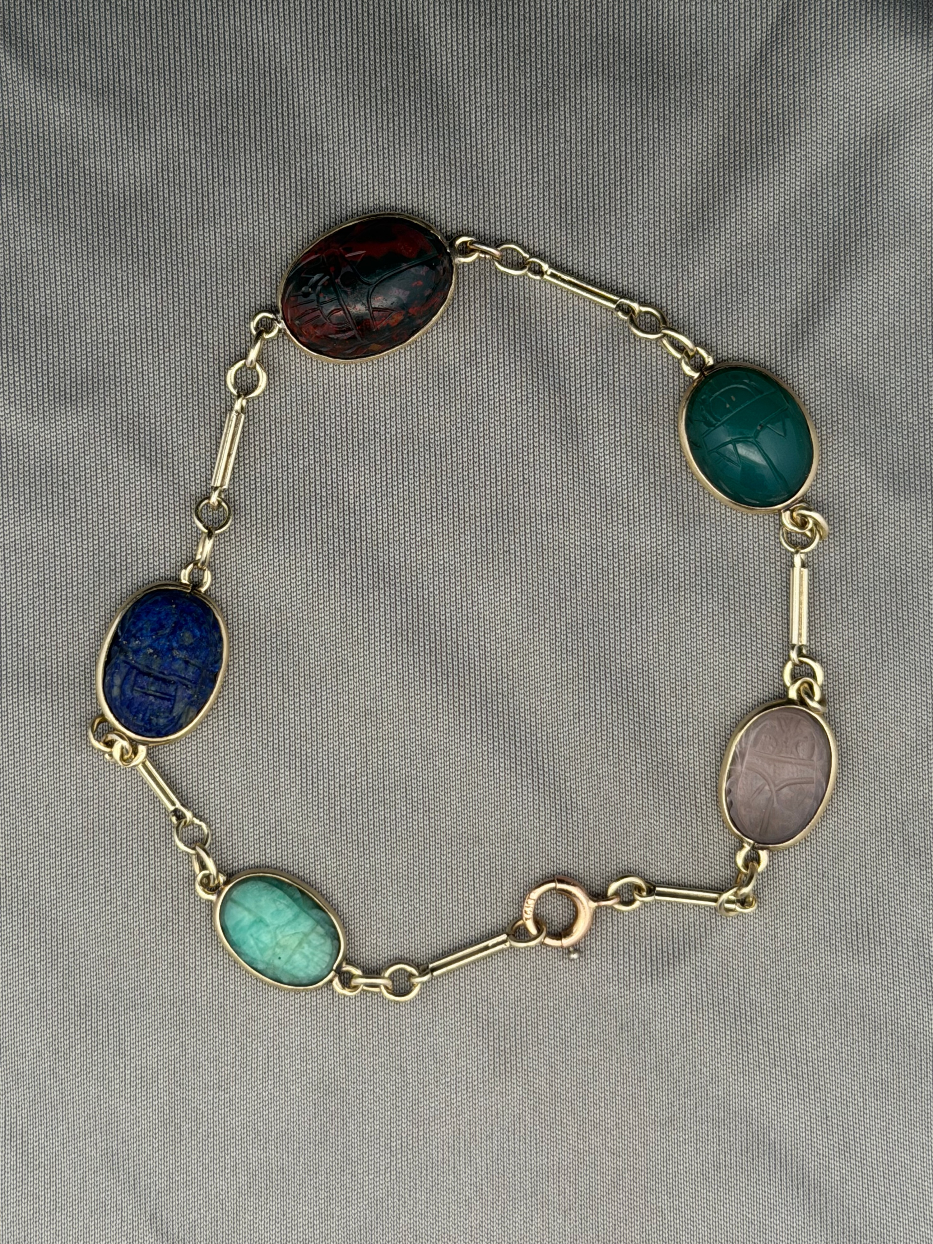 Vintage 14 Karat Yellow Gold Multi-Stone Scarab Link Bracelet