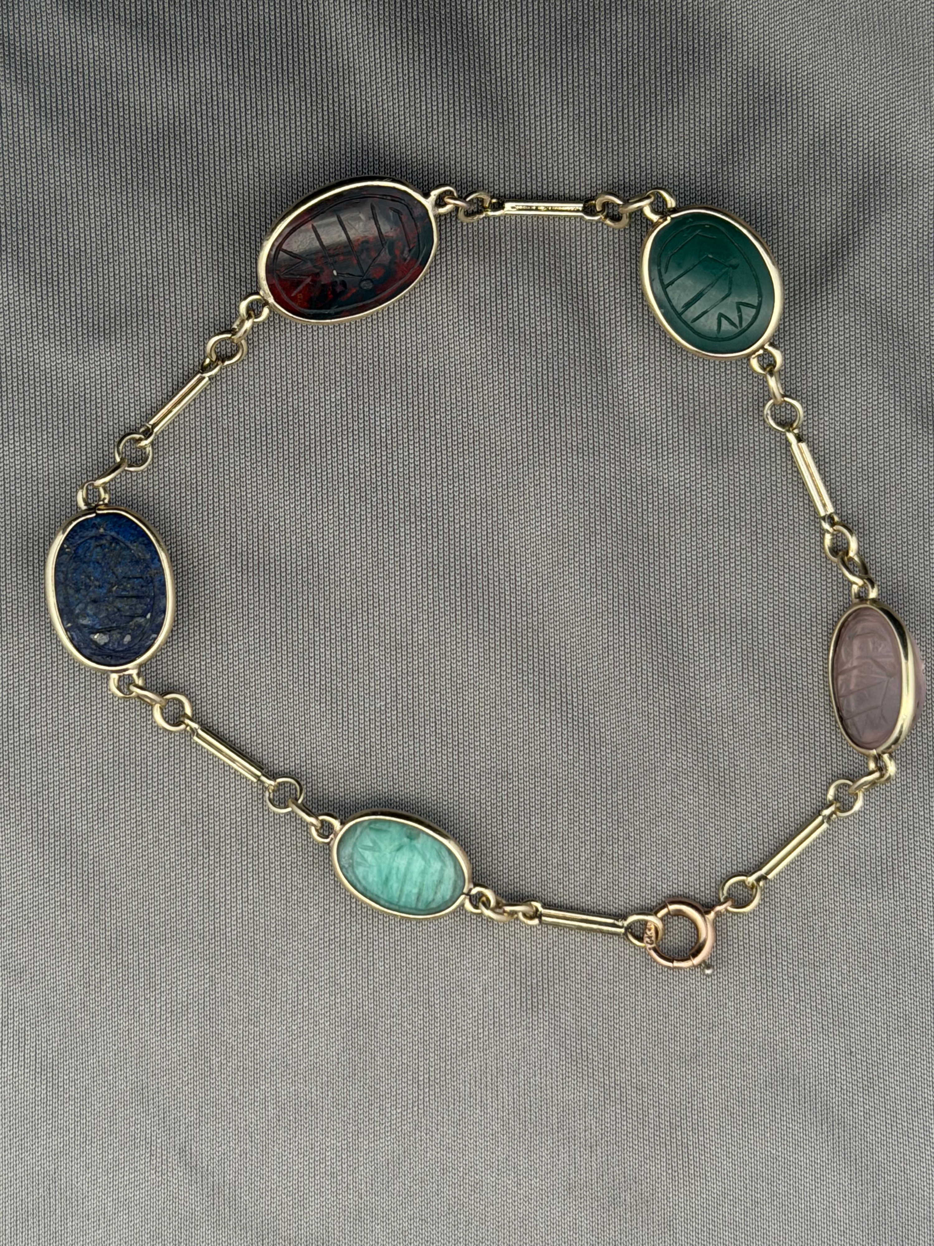 Vintage 14 Karat Yellow Gold Multi-Stone Scarab Link Bracelet