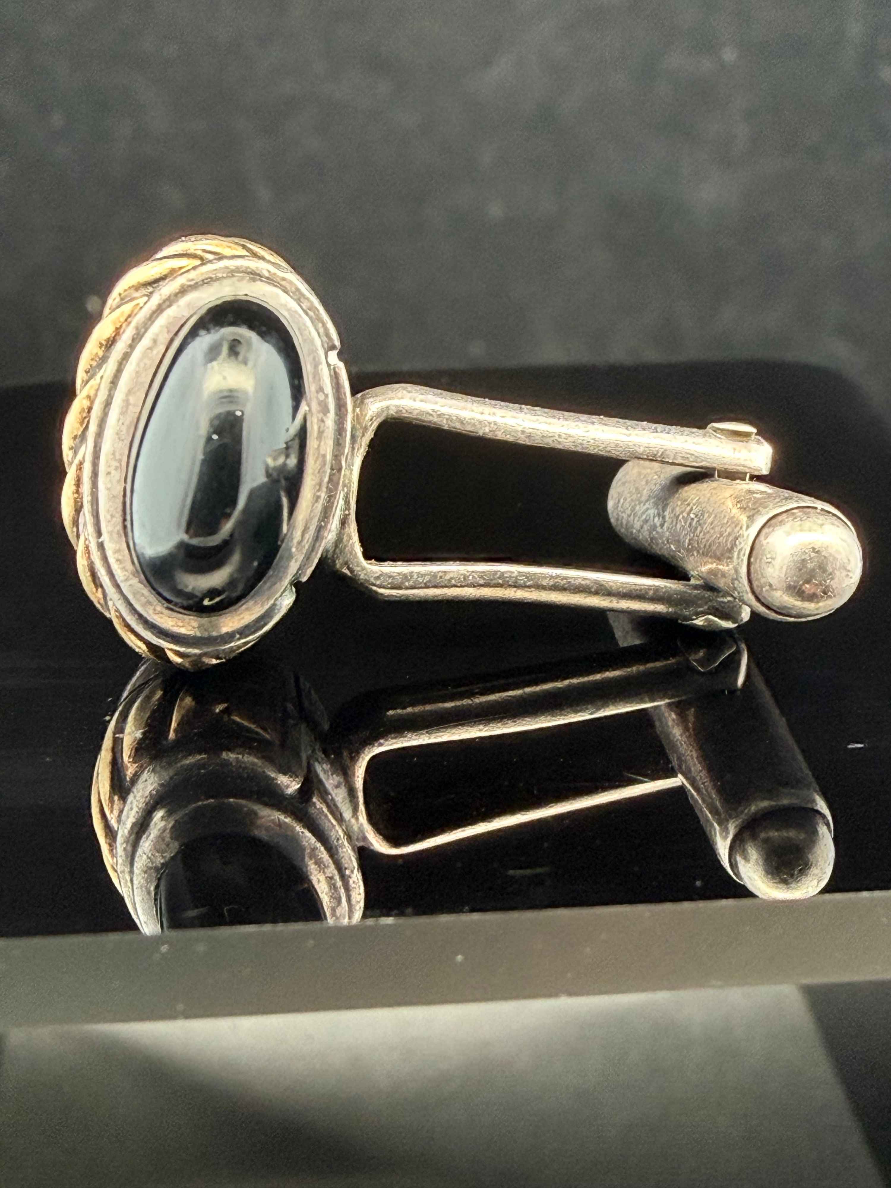 David Yurman Sterling Silver and 14 Karat Gold Black Stone Cufflink