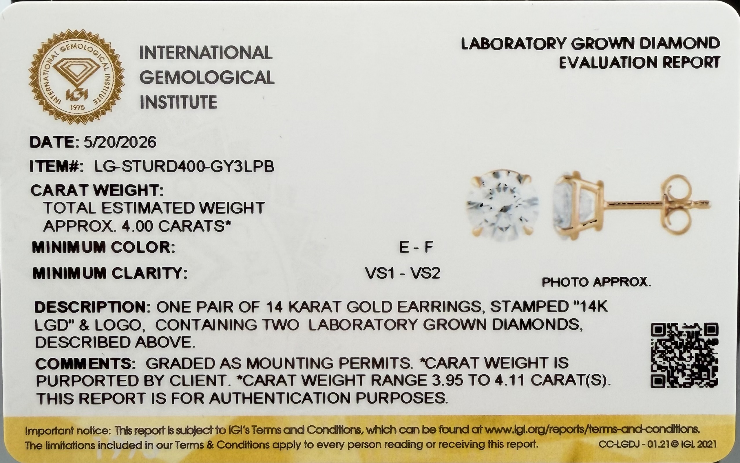 14K Yellow Gold and 4.00ctw Lab-Grown Diamond Stud Earrings W/IGI Report