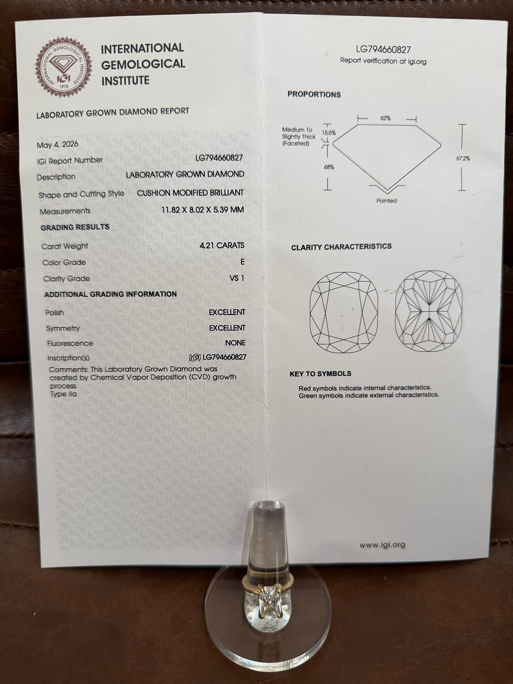 14k Yellow Gold 4.21 Carat Cushion Lab Diamond