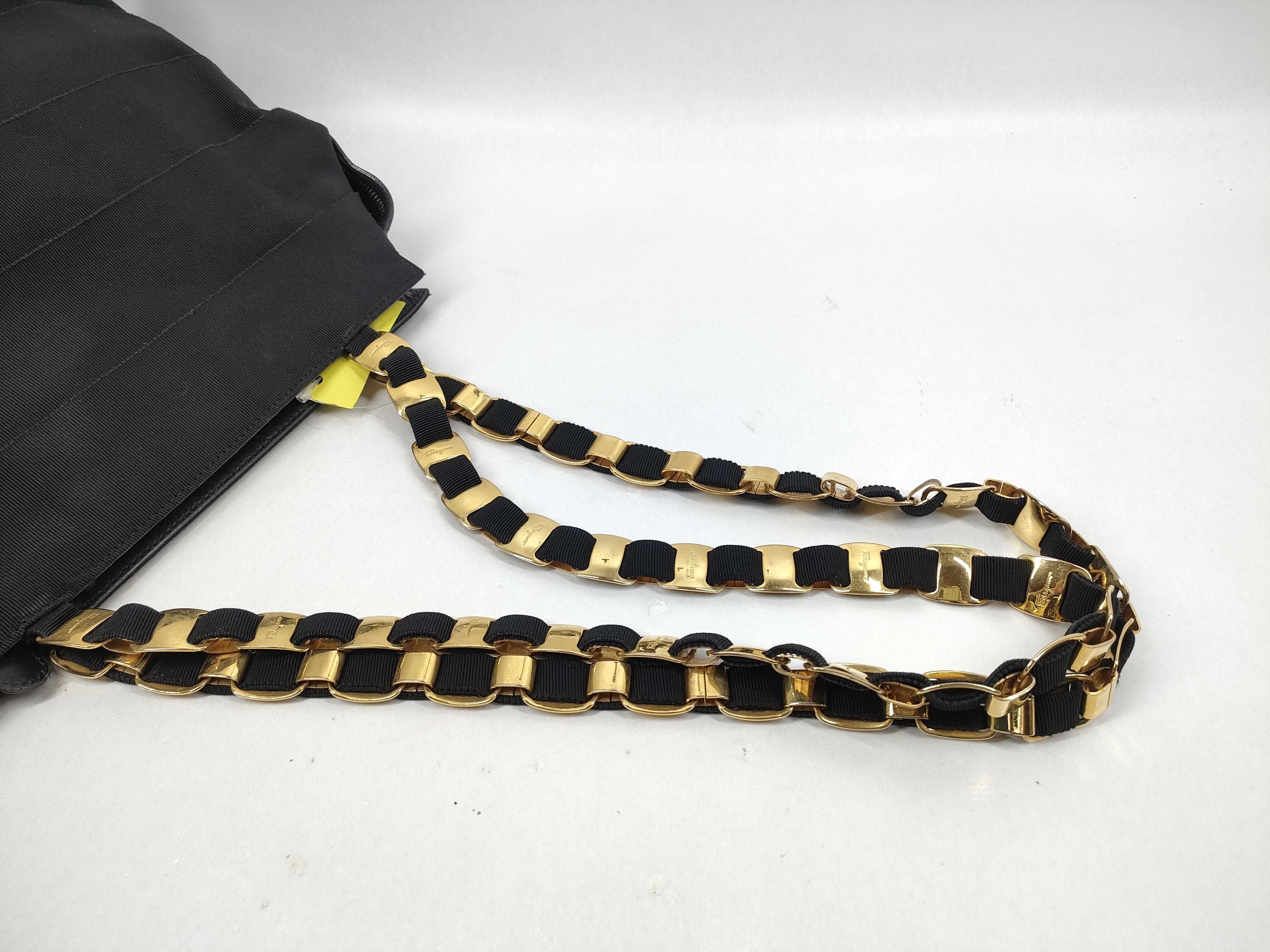 Salvatore Ferragamo Vara Tiered Grosgrain Chain Shoulder Bag Black