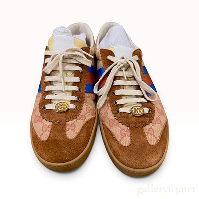 Gucci G74 Monogram GG Canvas and Brown Suede Low Top Sneakers size 10. A pair of Gucci G74 low 