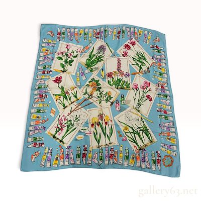 Vintage Gucci Paint Tubes and Botanical Floral Silk Carre 90. This Gucci silk carre 90 features 