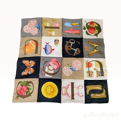 Vintage Gucci Alphabet Motif Multi-Color Silk Scarf 90 cm. This Gucci silk scarf features a 
