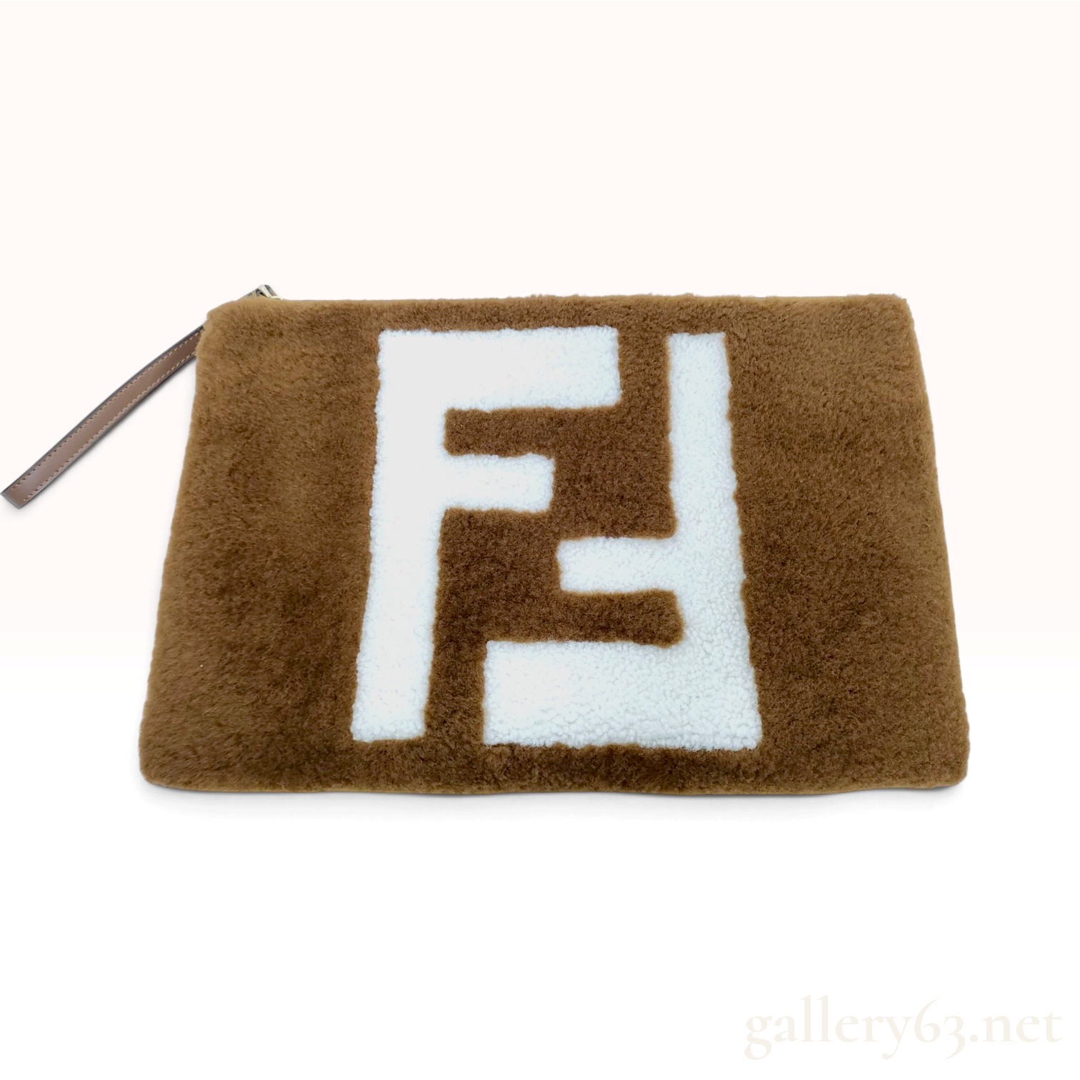 Fendi Flat Logo Pouch Brown Shearling Large