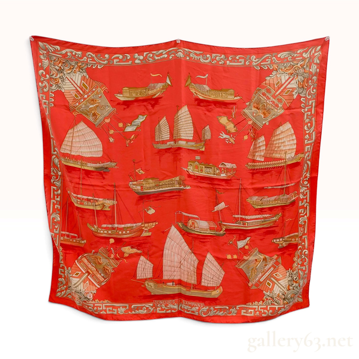 Hermes Jonques et Sampans Red Silk Carre 90