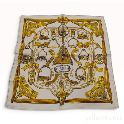 Vintage Hermes Etriers Silk Gavroche Scarf. Hermes Etriers silk scarf designed by Francoise de 