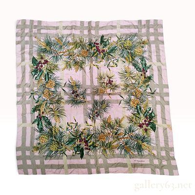 Vintage Burberry Holiday Pine and Mistletoe Silk Scarf. Burberry silk scarf featuring a central 