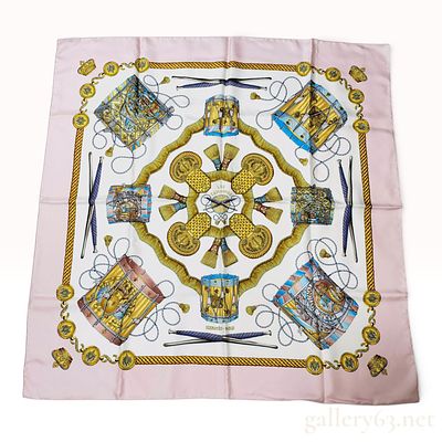 Vintage Hermes Les Tambours Silk Carre 90. Hermes Les Tambours silk scarf designed by Joachim 