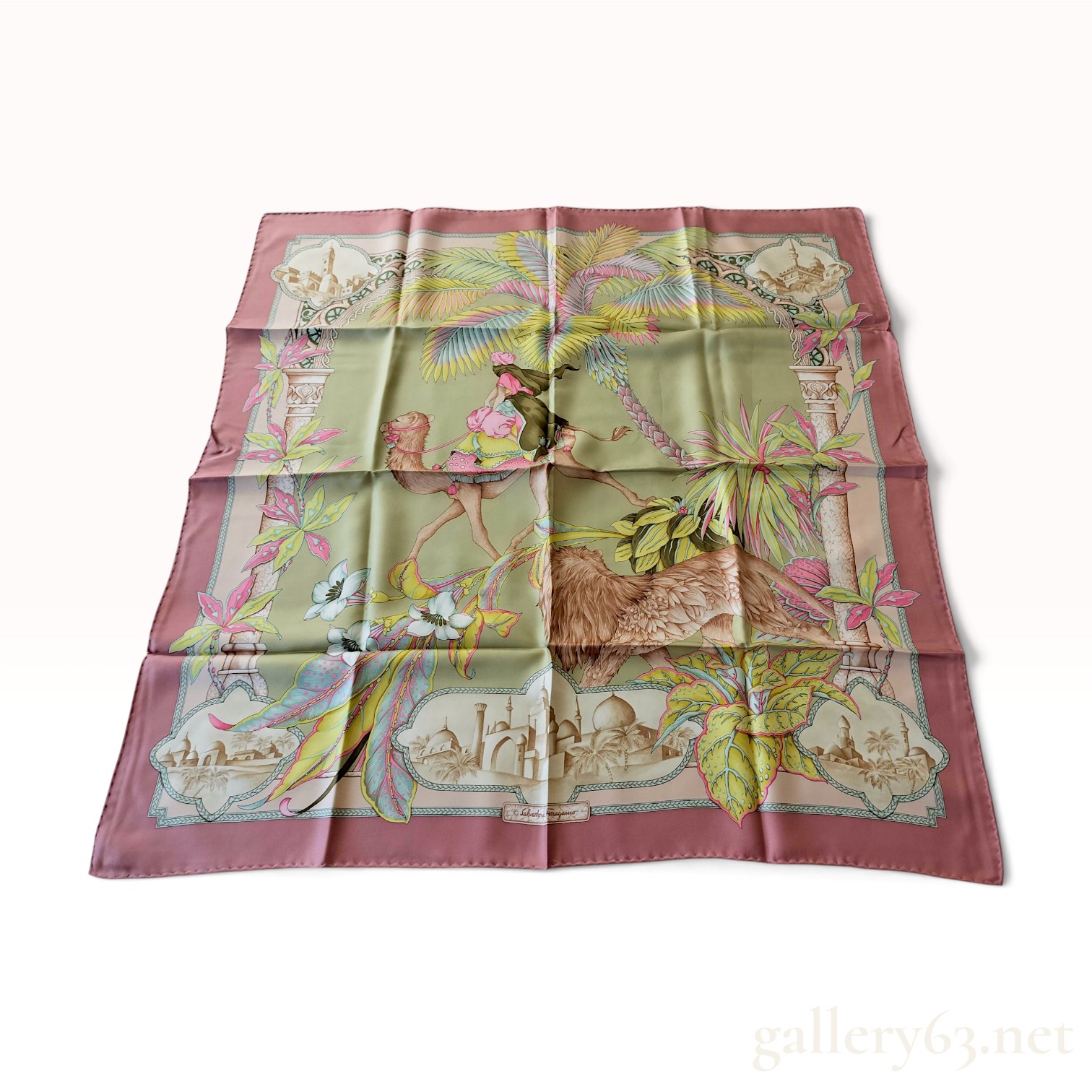 Vintage Salvatore Ferragamo Arabian Camel and Lion Silk Scarf