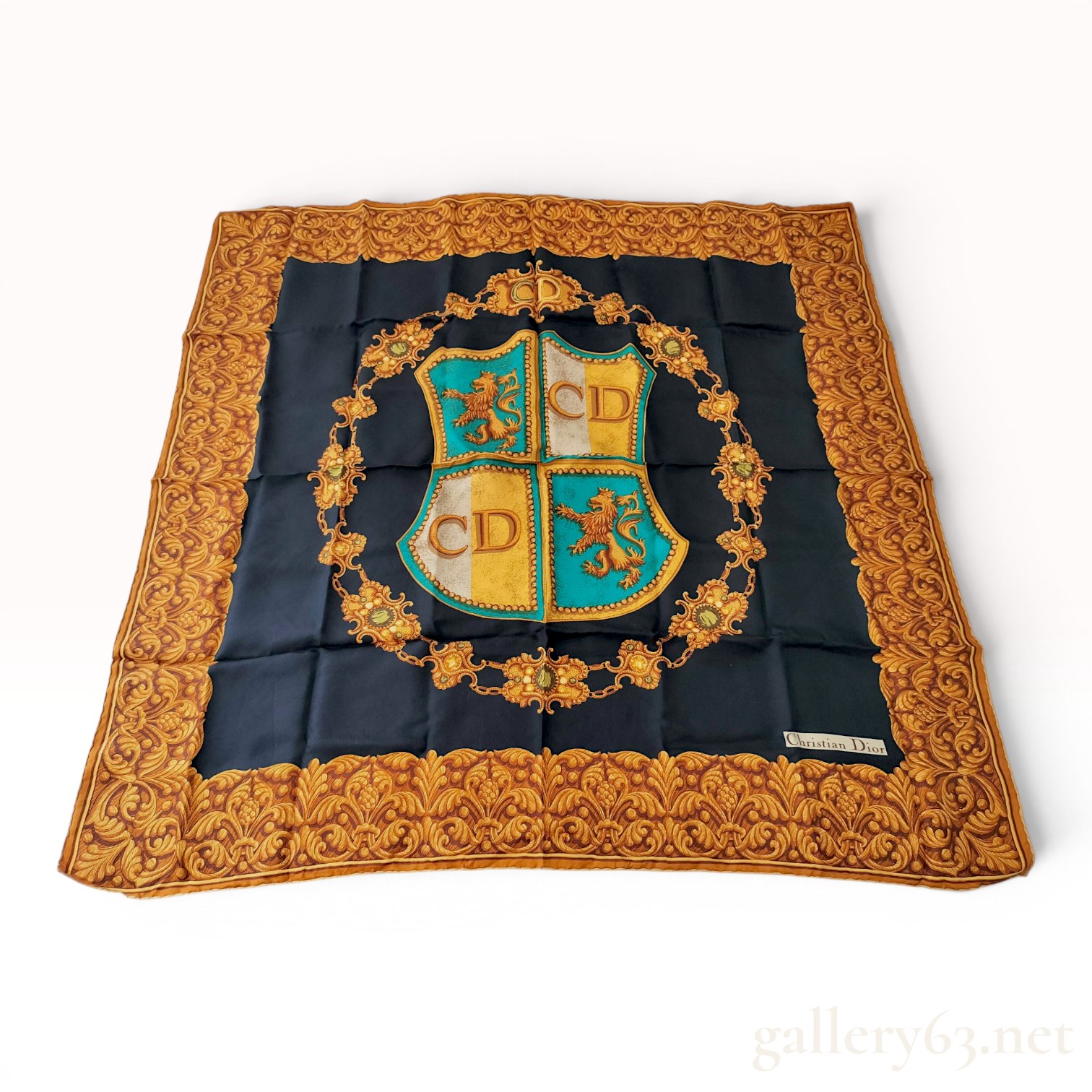 Vintage Christian Dior Heraldic Crest Silk Scarf