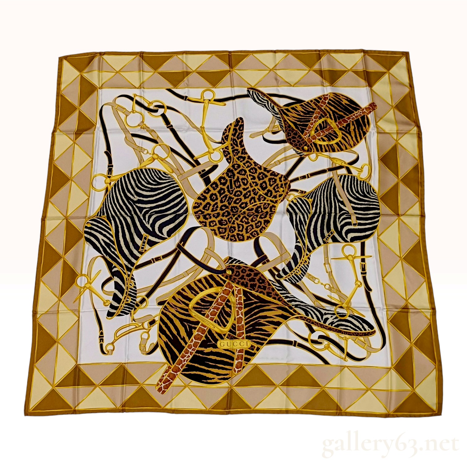 Vintage Gucci Animal Print Equestrian Motif Brown Silk Scarf