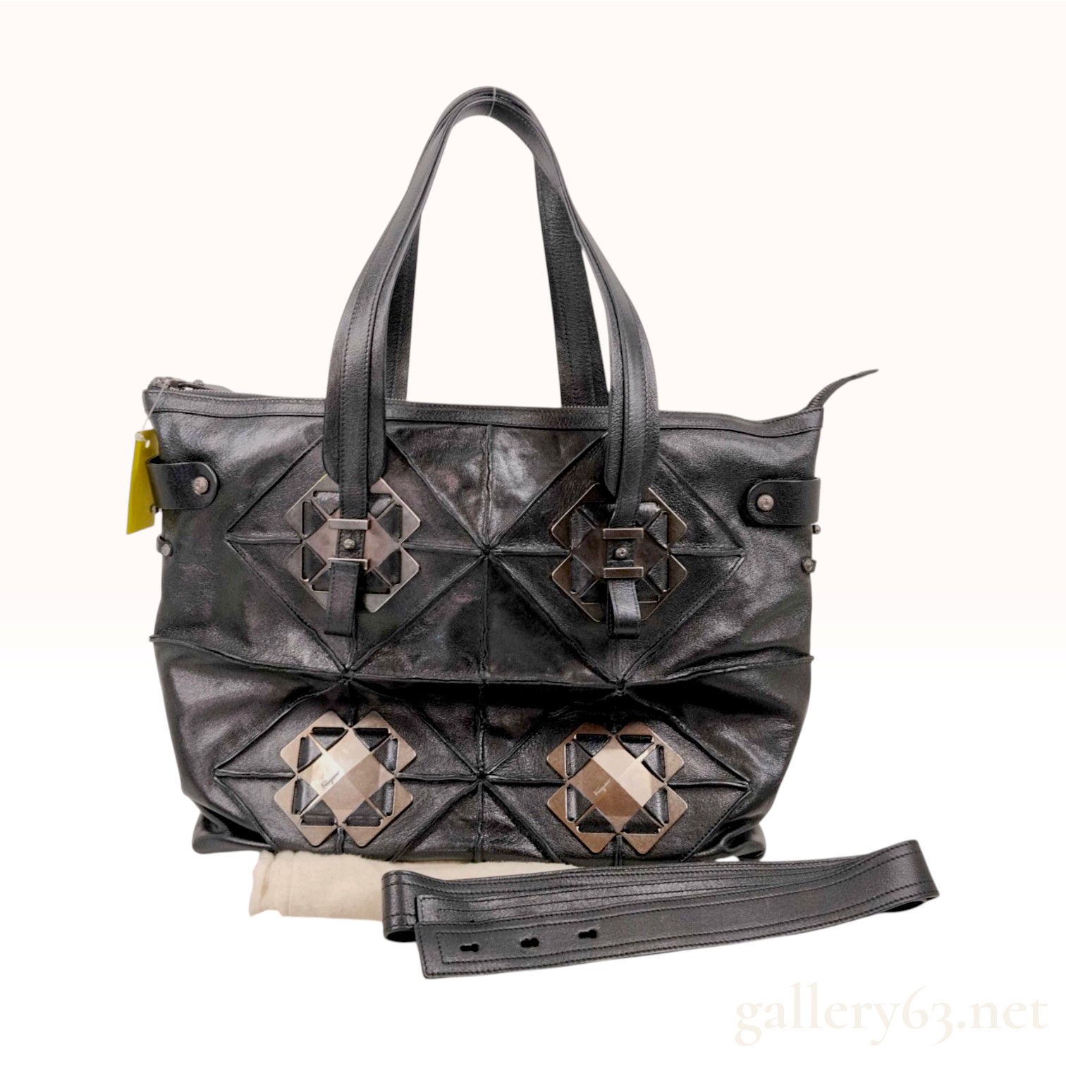 Salvatore Ferragamo Mosaic Black Leather Tote Bag with Shoulder Strap