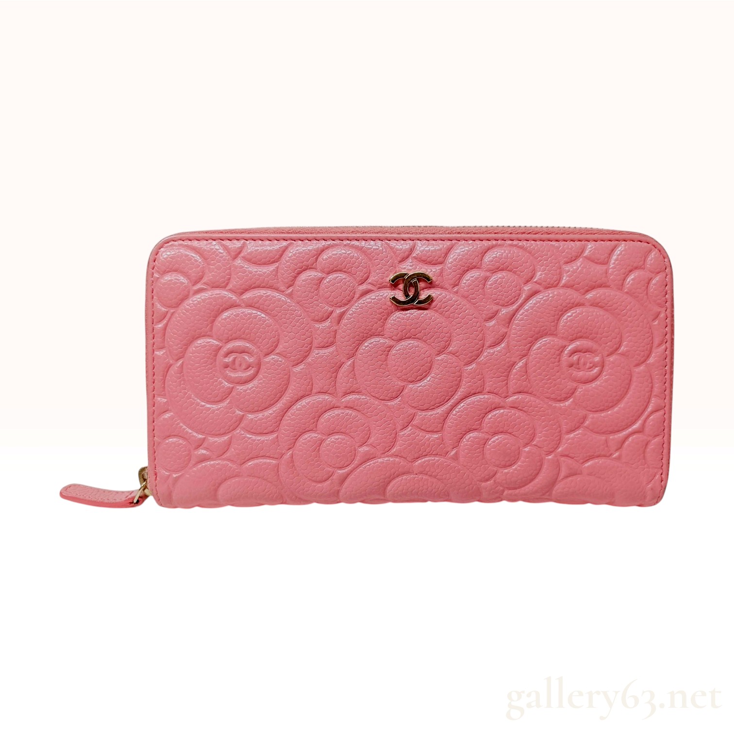 Chanel Camellia Long Zippy Pink Grained Calfskin Leather Wallet Accompanied by Box