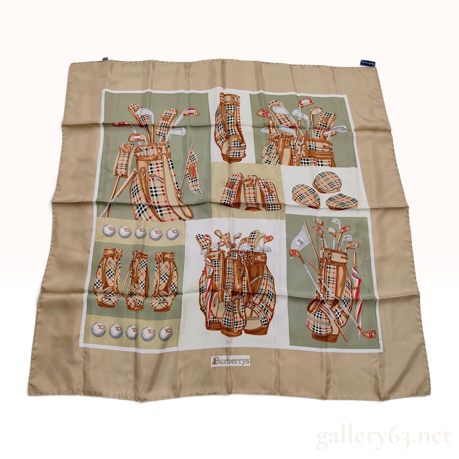 Vintage Burberrys Golf Motif Beige Silk Scarf