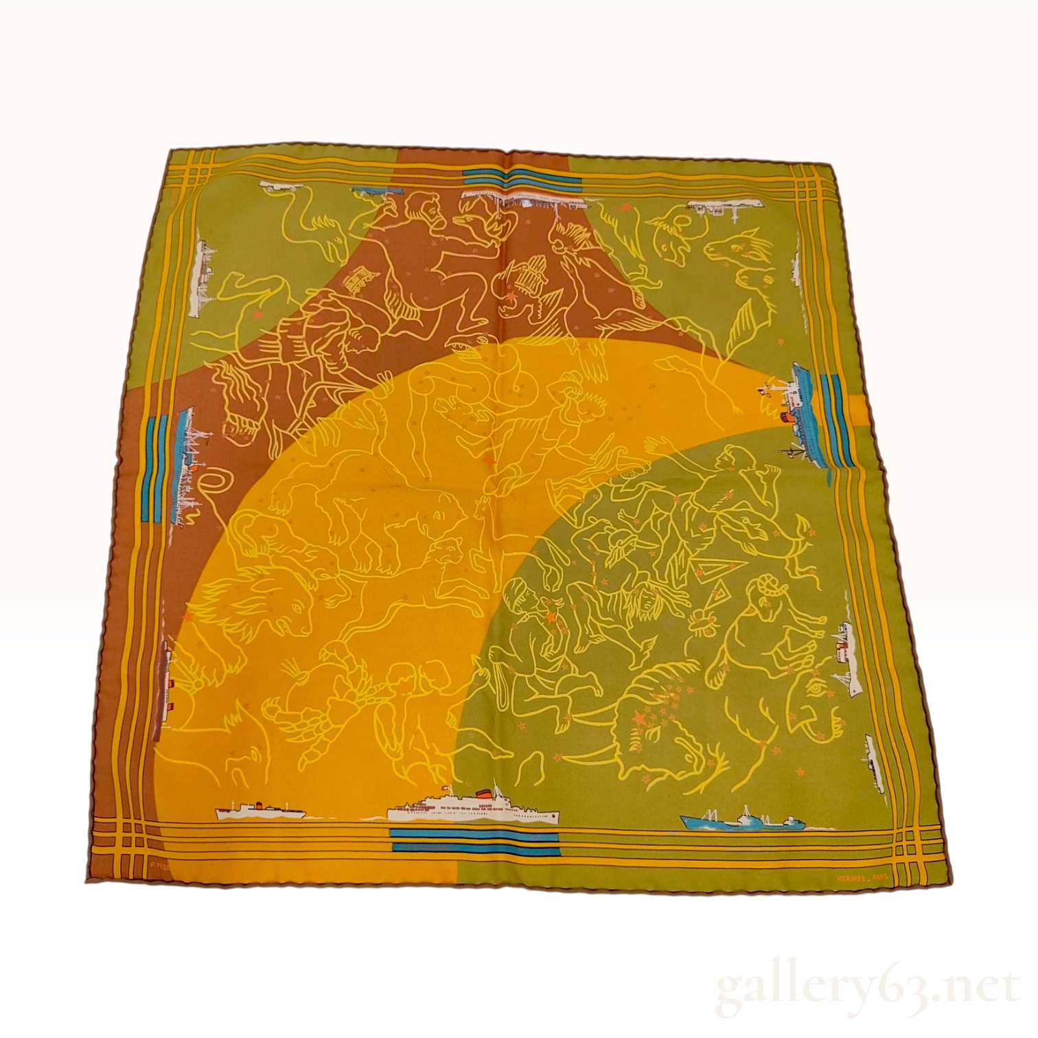 Hermes Les Messageries Yellow and Green Silk Scarf