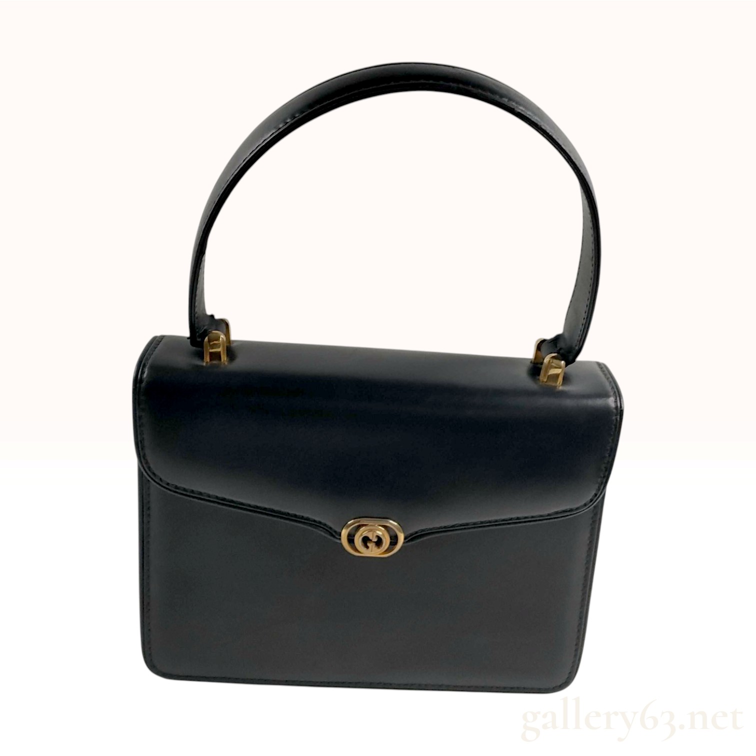 Vintage Gucci Interlocking G Black Box Calf Leather Top Handle Bag