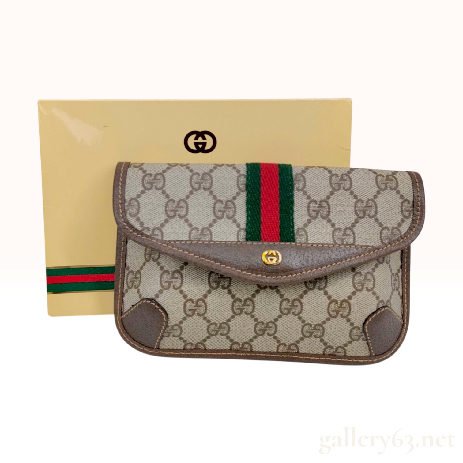 Vintage Gucci GG Supreme Web Stripe Brown Coated Canvas Clutch Accompanied by Box