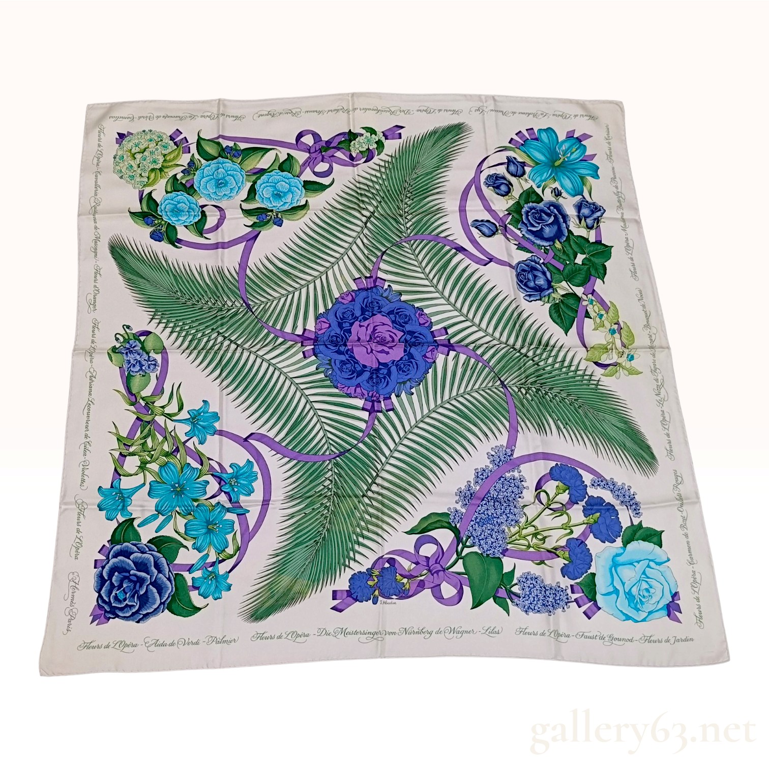 Vintage Hermes Fleurs de L'Opera Blue and Purple Silk Scarf 90