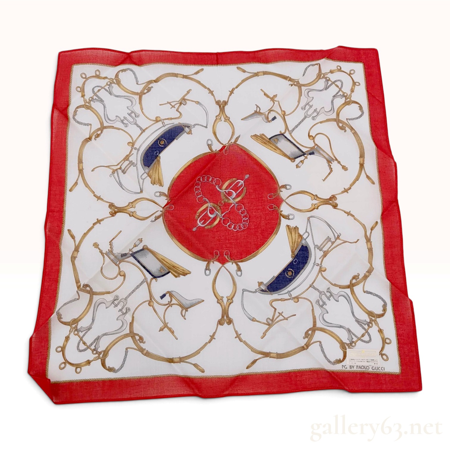 Vintage PG by Paolo Gucci Equestrian Motif Red and White Cotton Scarf