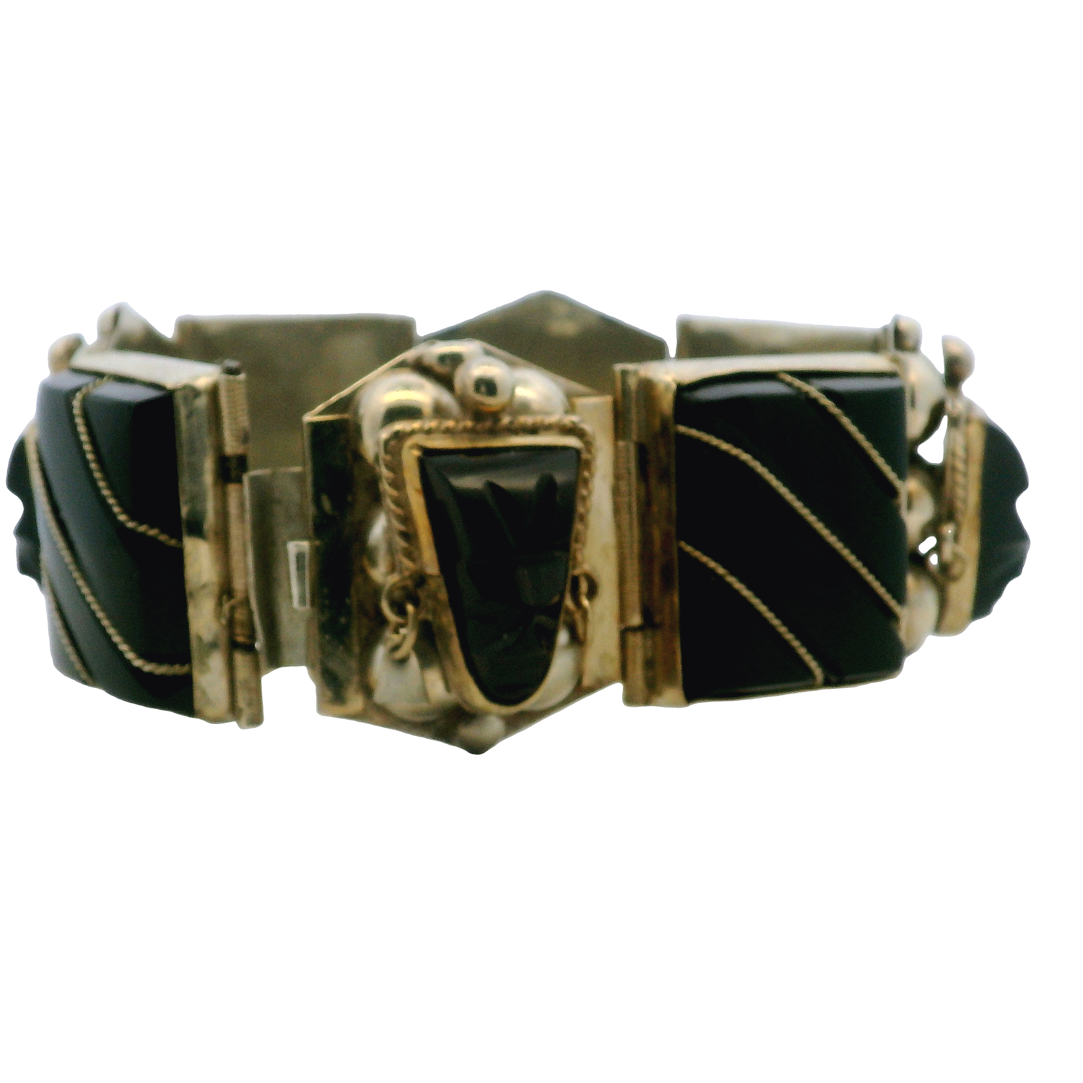 Mexican Alpaca Silver Carved Obsidian Bracelet