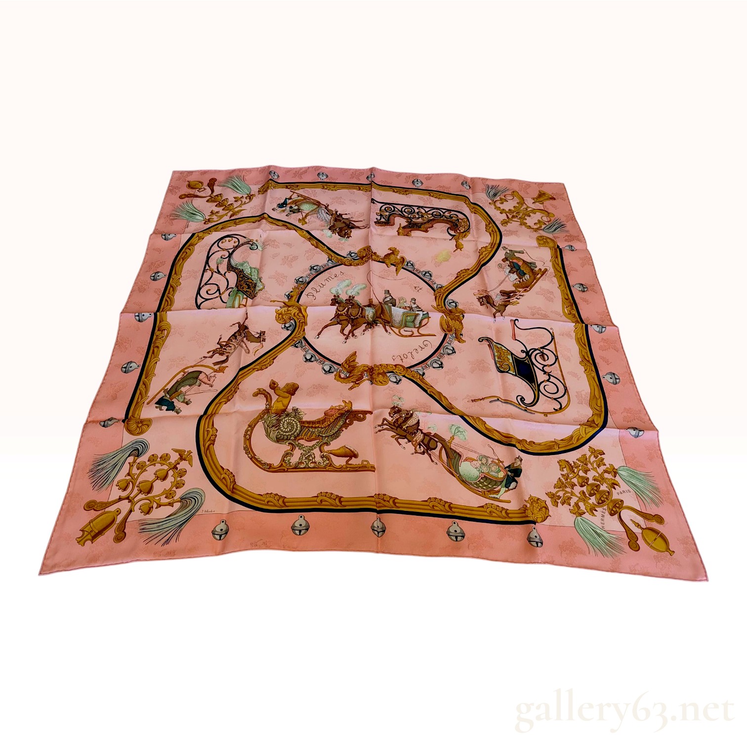Vintage Hermes Plumes et Grelots Pink Silk Scarf Carre 90