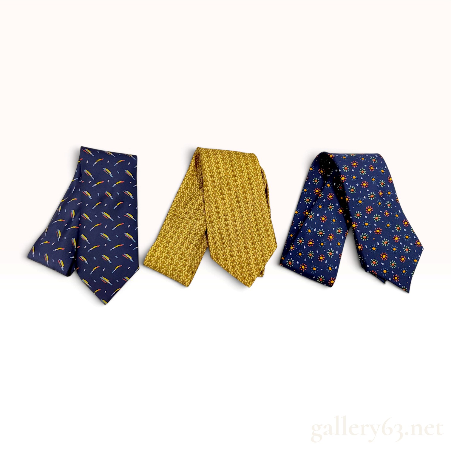 Three Hermes Paris 100% Silk Geometric and Floral Men's Neckties