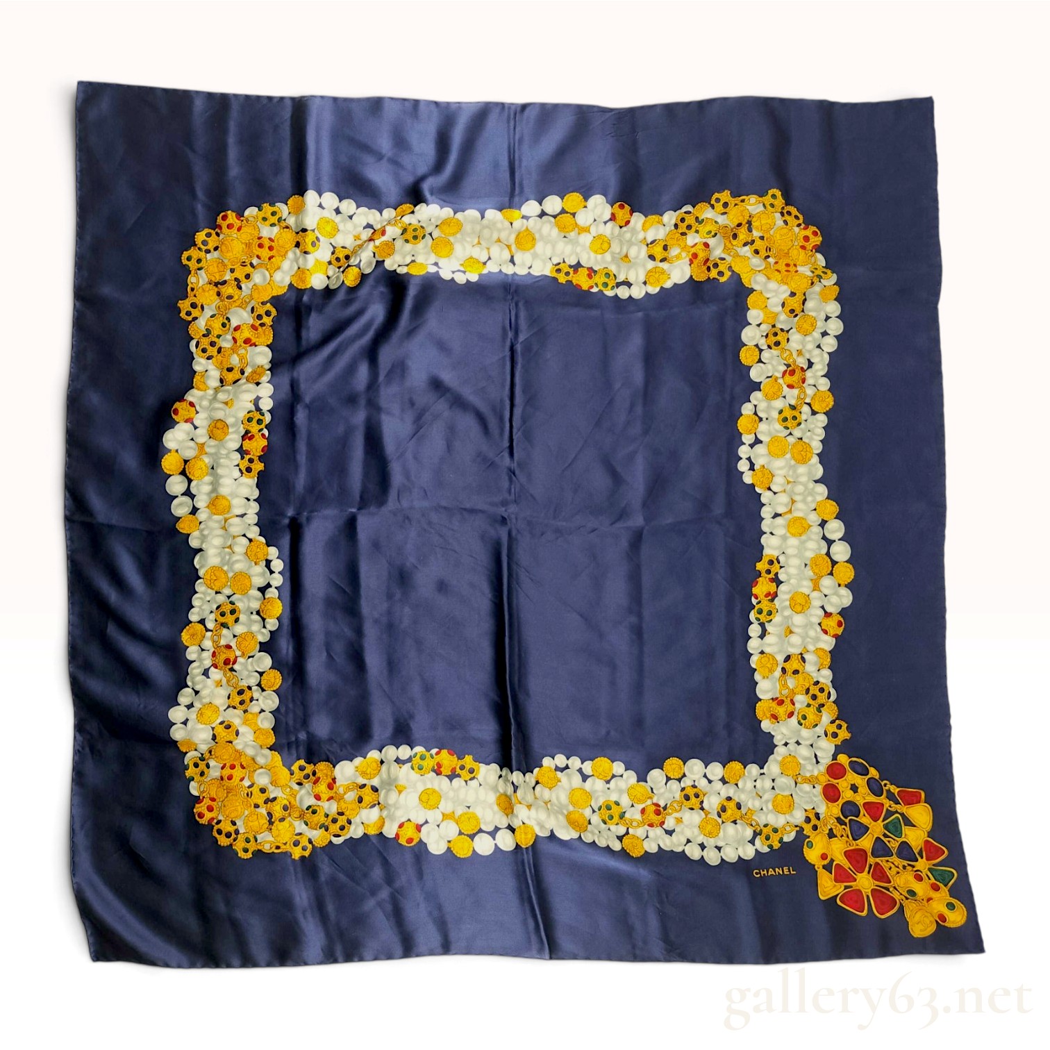 Vintage Chanel Gripoix Jewelry Print Navy Silk Scarf