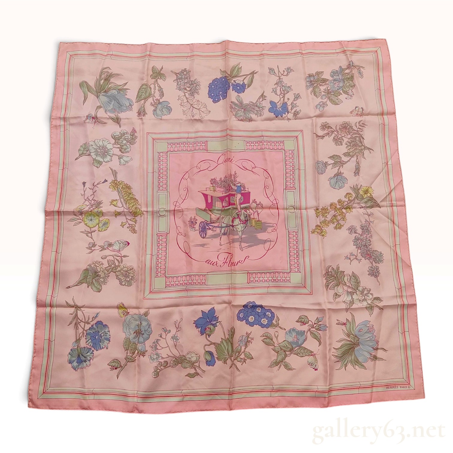 Hermes Quai aux Fleurs Pink Silk Scarf 90
