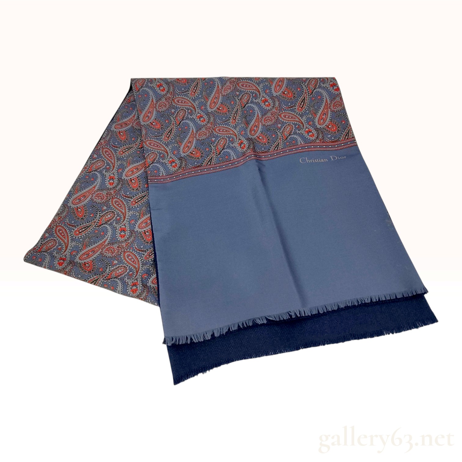 Vintage Christian Dior Paisley Reversible Blue Silk and Wool Scarf