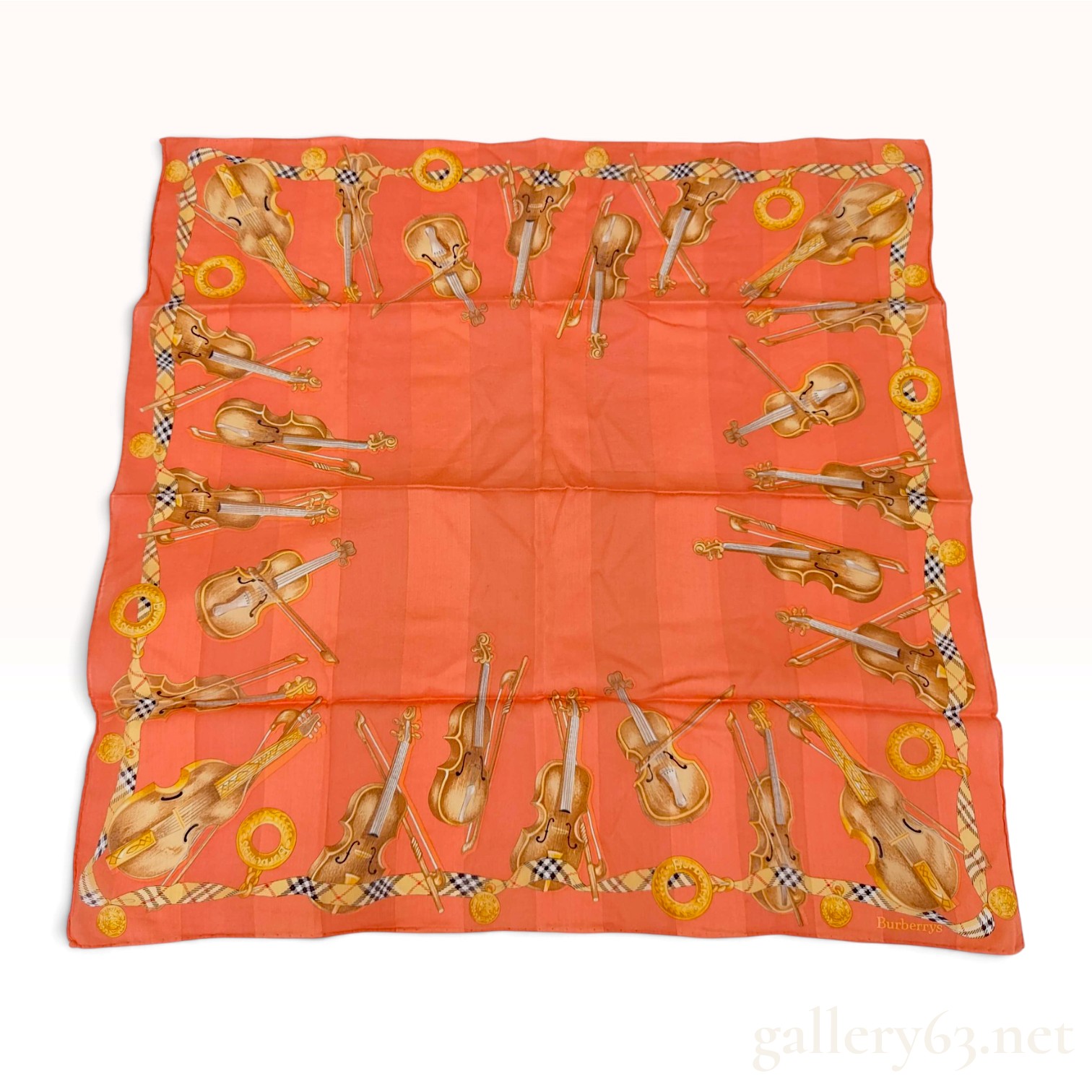 Vintage Burberrys Violin Motif Coral Silk Scarf