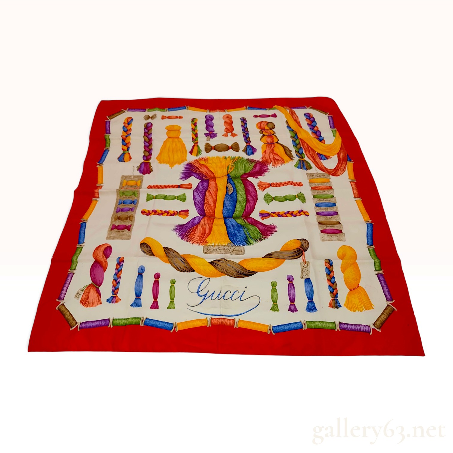 Vintage Gucci Silk Yarns Red and Ivory Silk Scarf